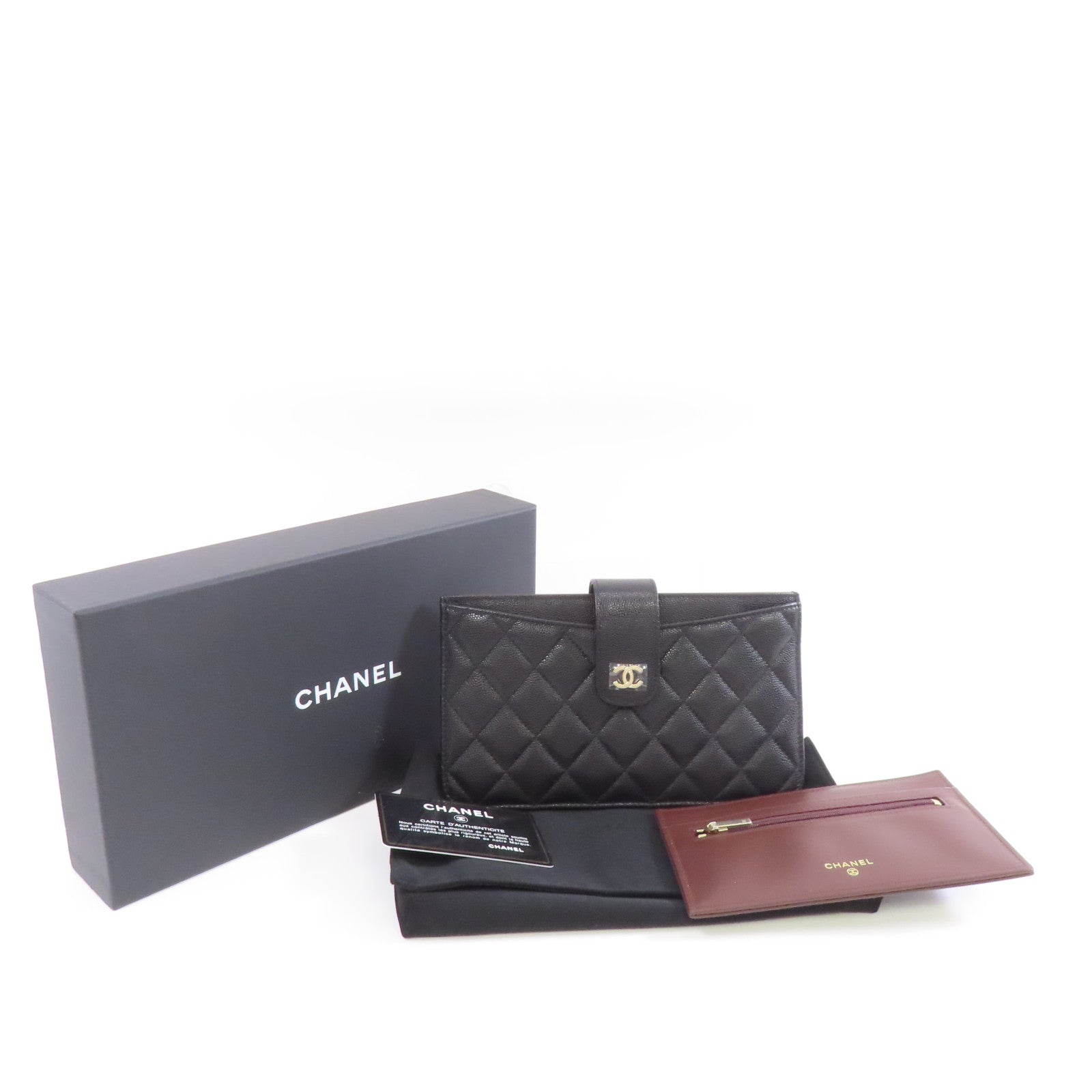 CHANEL 菱格Caviar皮革Pouch Wallet銀扣手拿包黑色