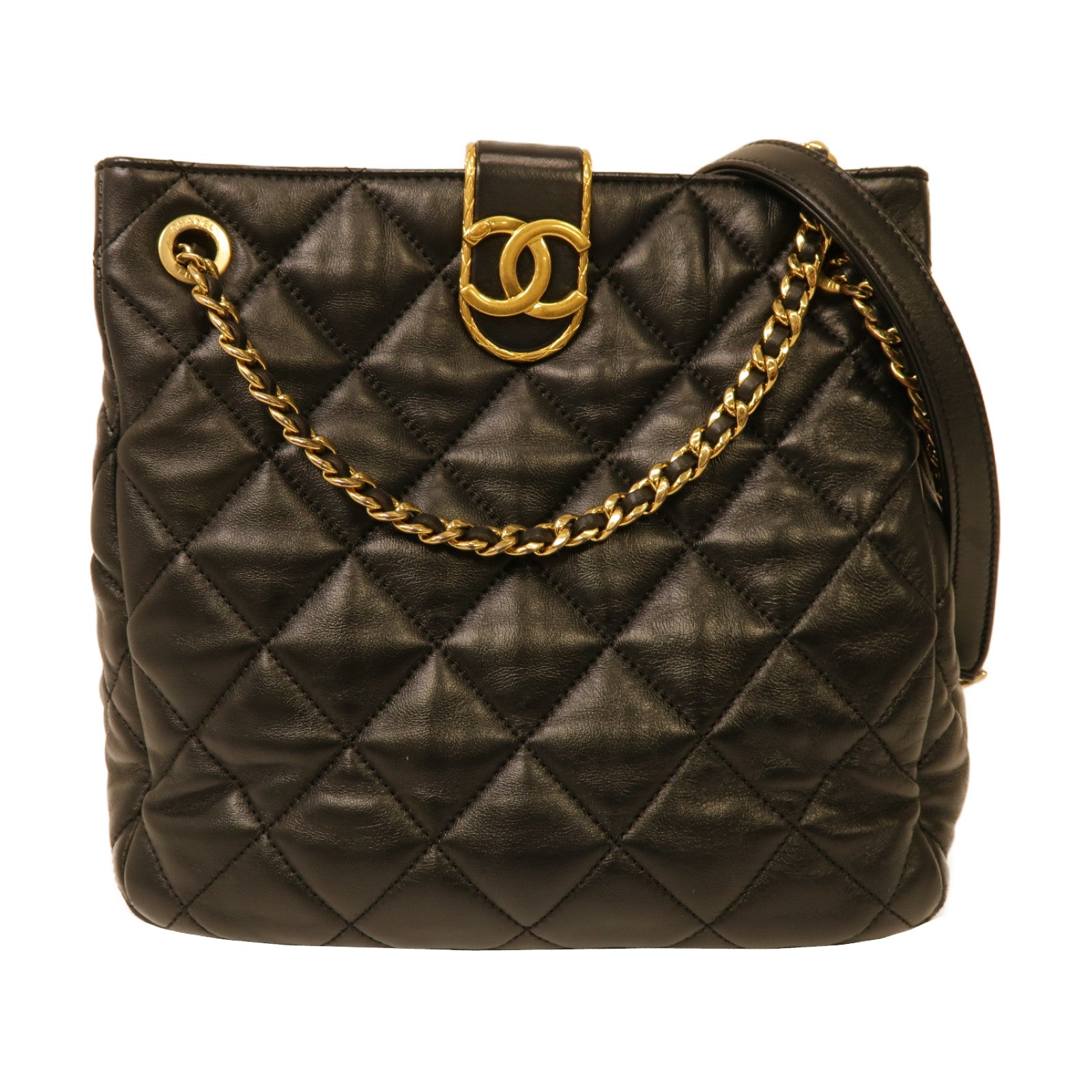 CHANEL 菱格羊皮皮革Chain Shoulder金扣鏈帶肩背袋黑色