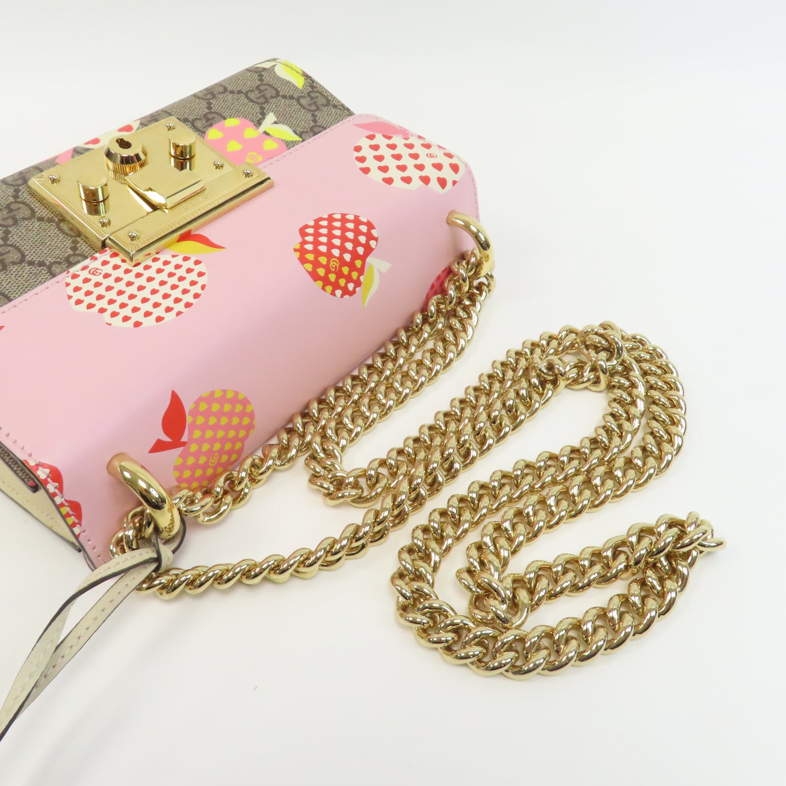 GUCCI 牛皮皮革/塗層帆布Shoulder Bag金扣鏈帶肩背袋啡色/粉紅色