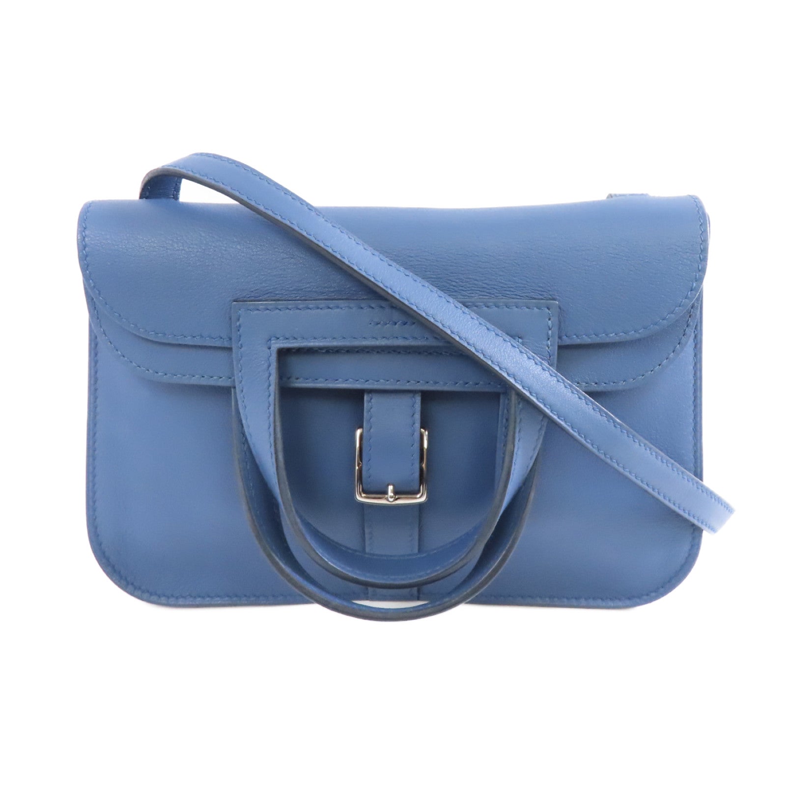 HERMES Swift皮革 Mini Halzan銀扣手挽肩背兩用袋Bleu Agate/藍色