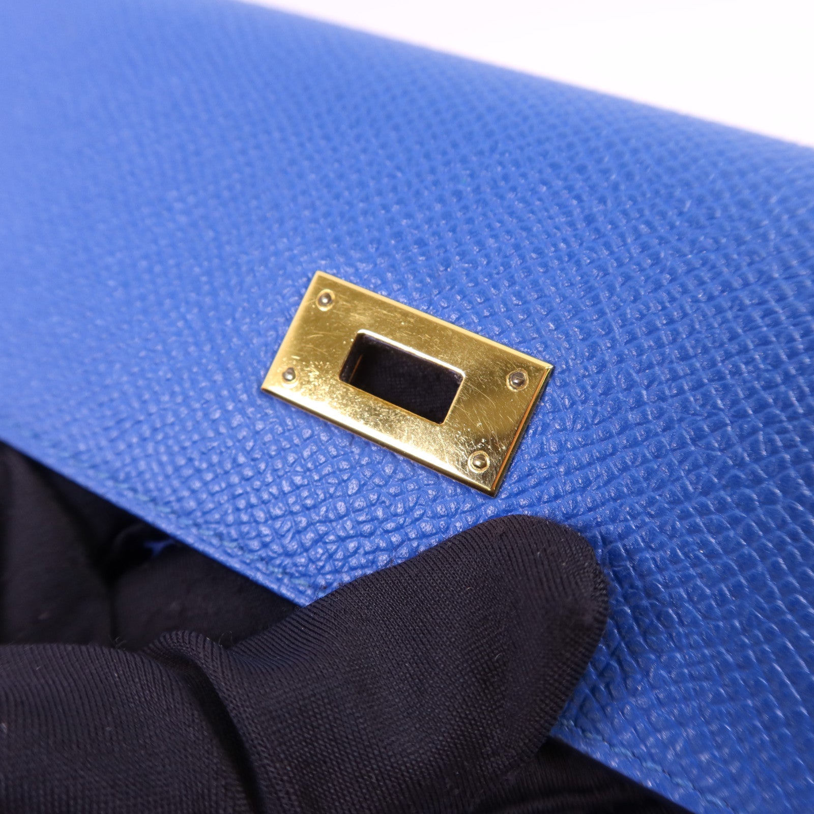 HERMES Epsom皮革Kelly Short Wallet金扣錢包Blue Zanzibar