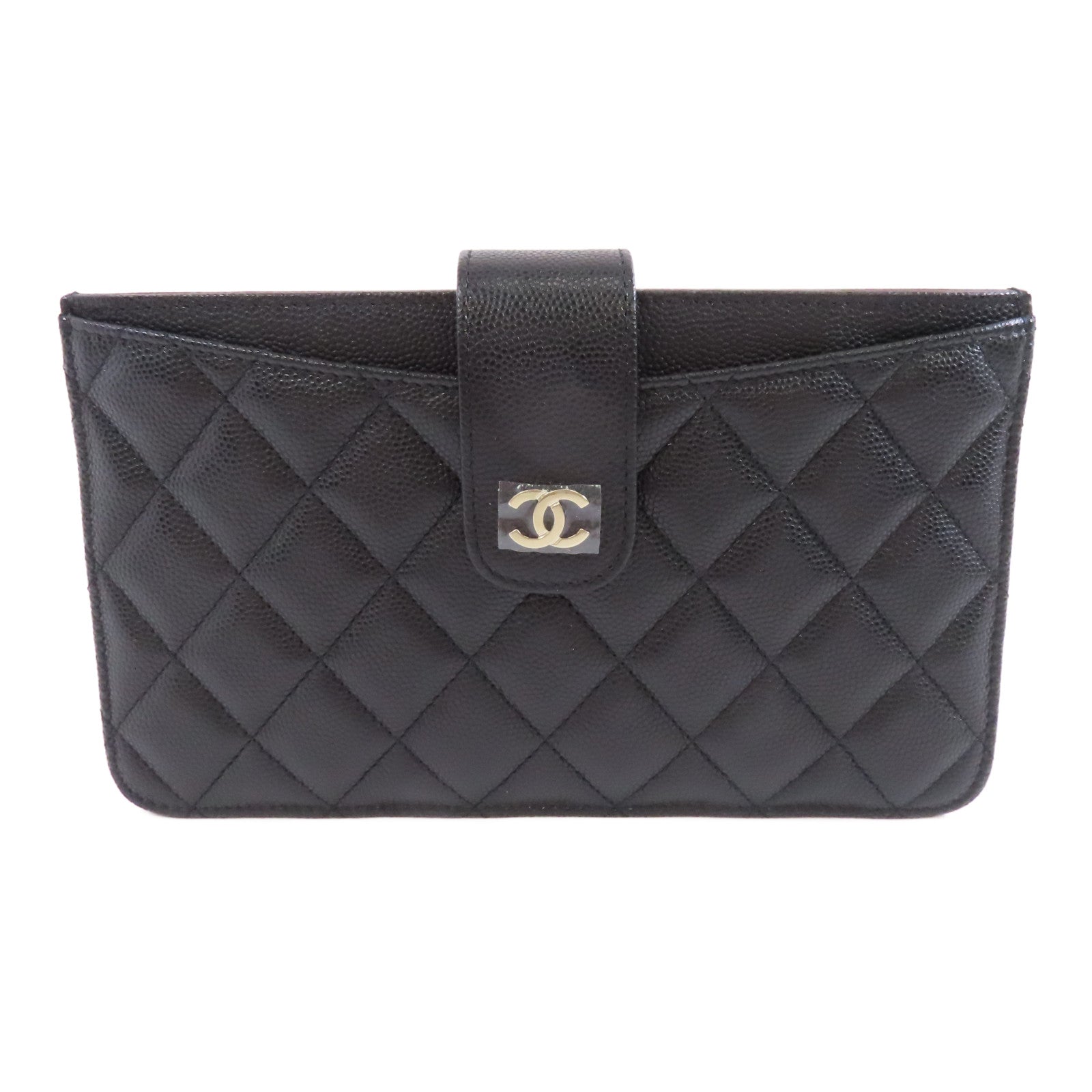 CHANEL 菱格Caviar皮革Pouch Wallet銀扣手拿包黑色
