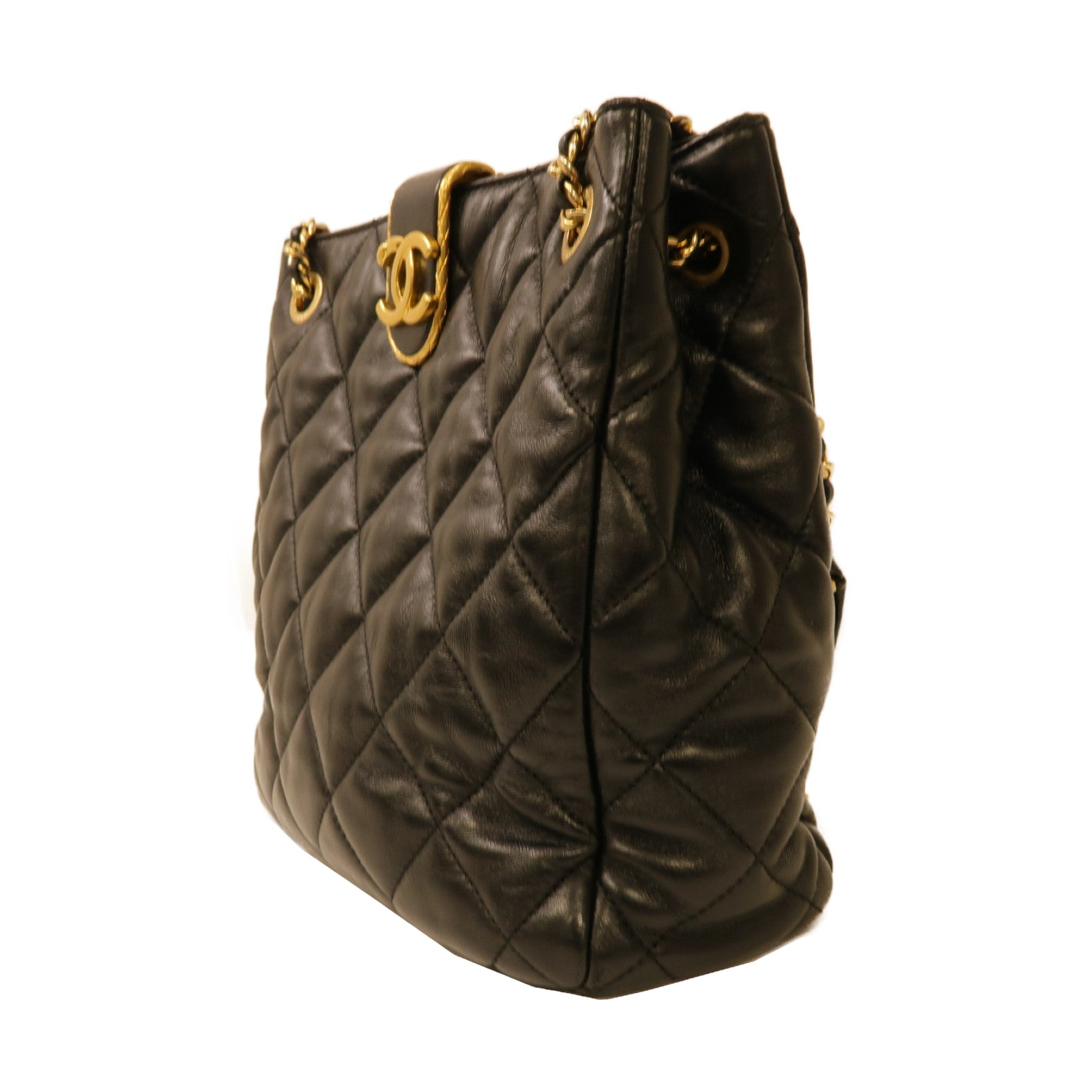 CHANEL 菱格羊皮皮革Chain Shoulder金扣鏈帶肩背袋黑色