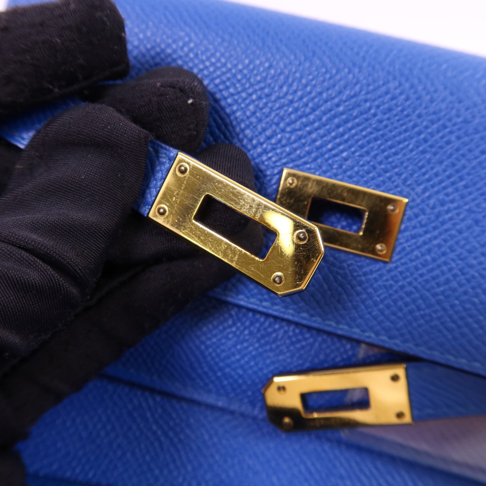 HERMES Epsom皮革Kelly Short Wallet金扣錢包Blue Zanzibar