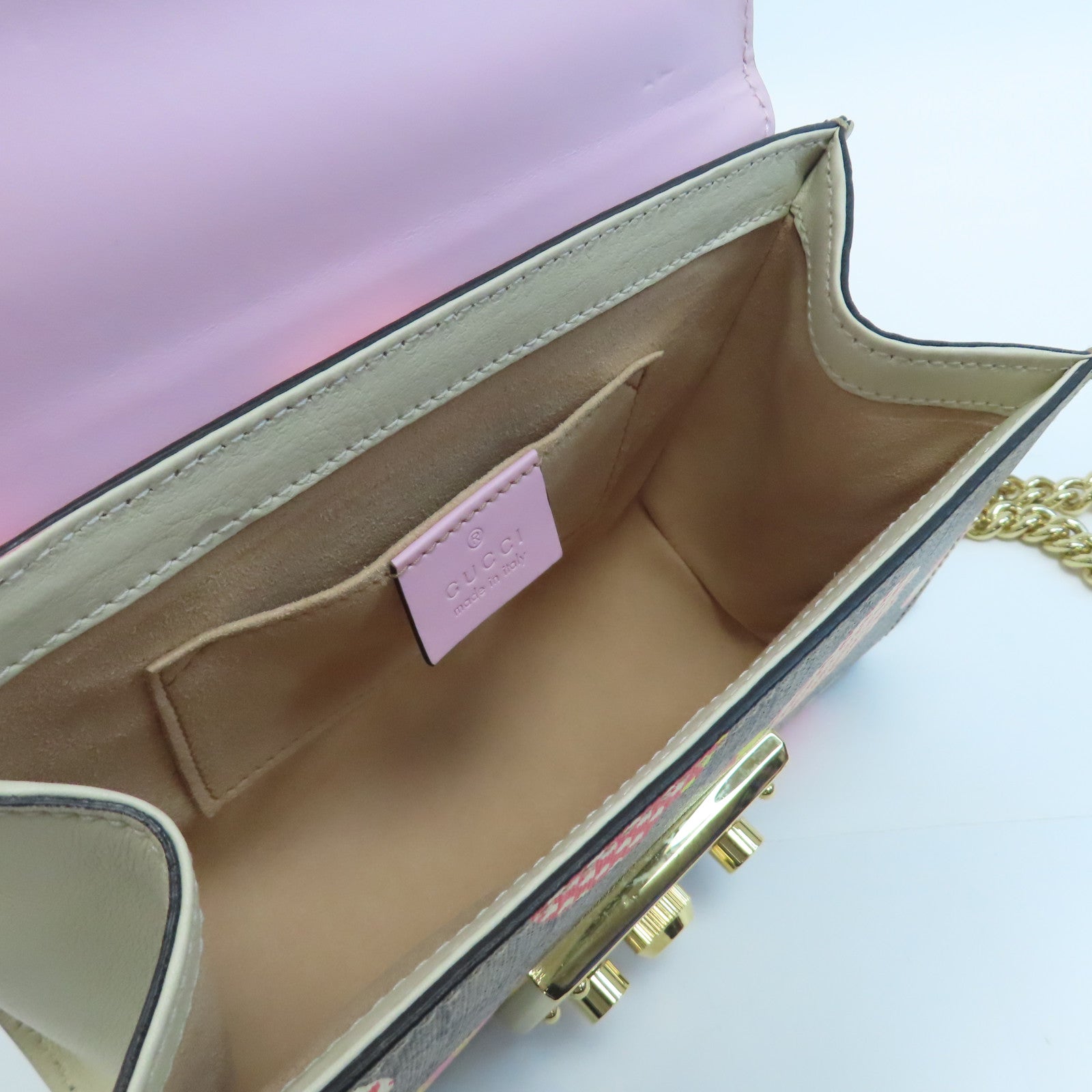 GUCCI 牛皮皮革/塗層帆布Shoulder Bag金扣鏈帶肩背袋啡色/粉紅色