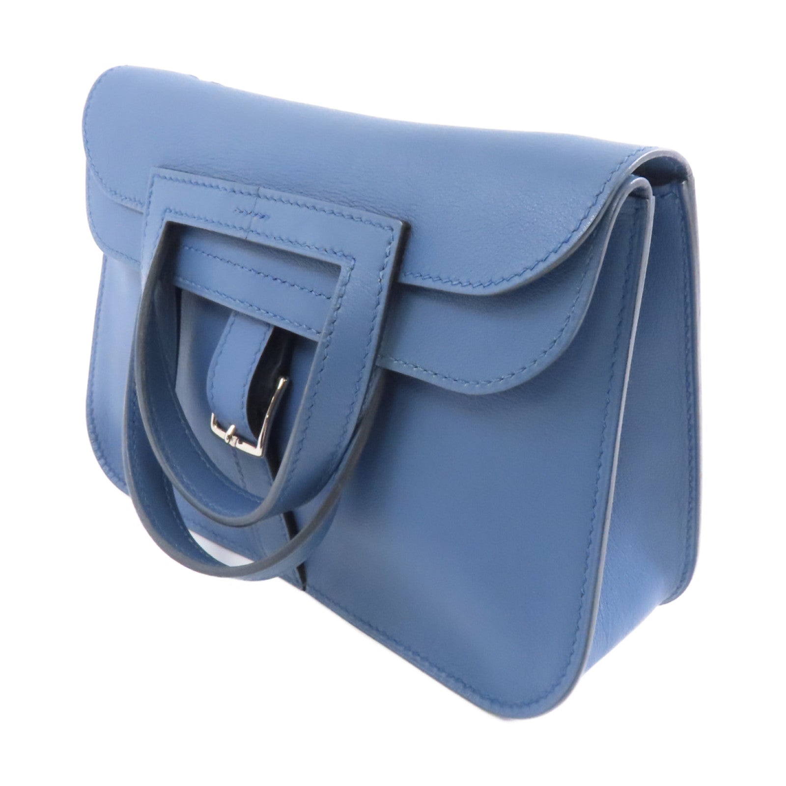 HERMES Swift皮革 Mini Halzan銀扣手挽肩背兩用袋Bleu Agate/藍色