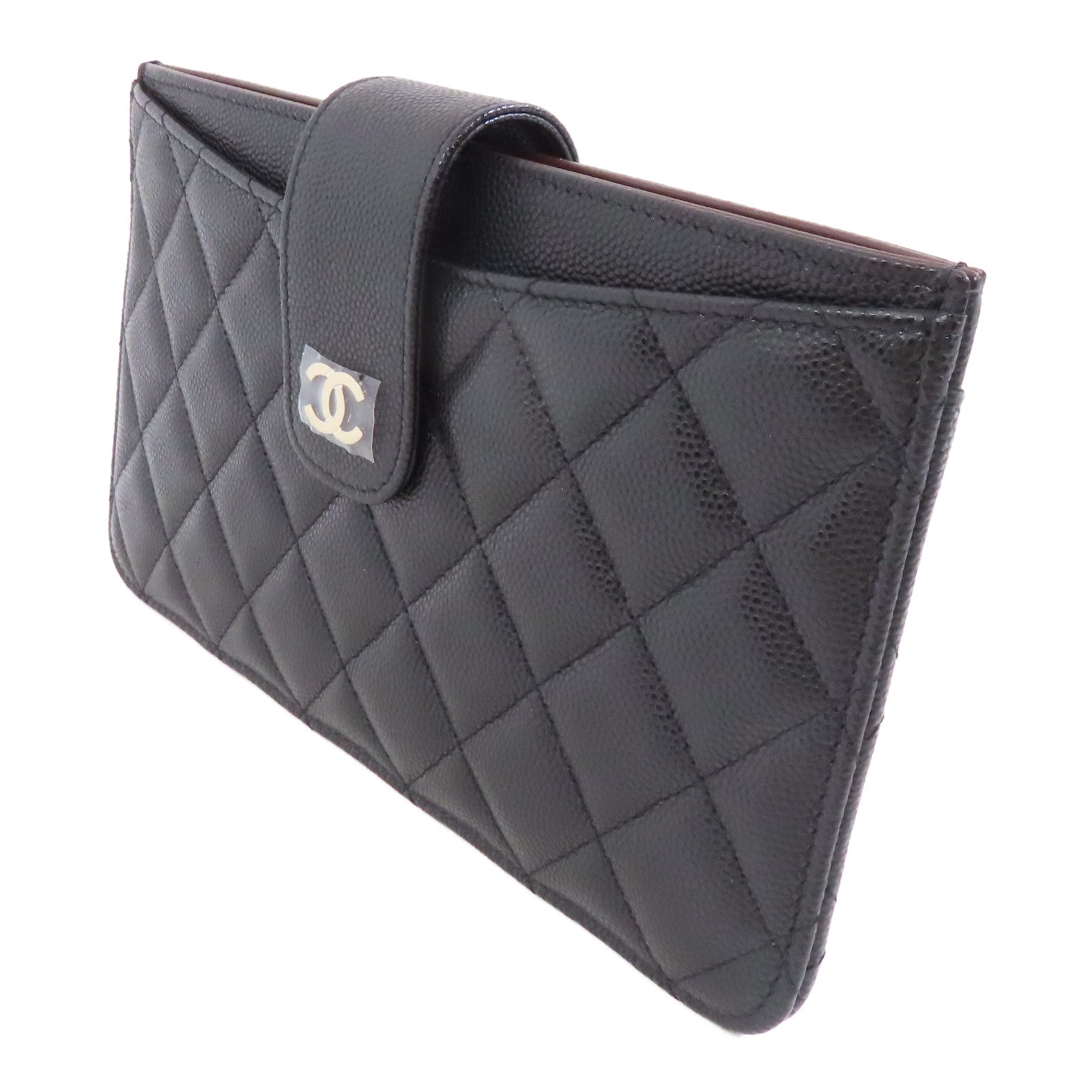 CHANEL 菱格Caviar皮革Pouch Wallet銀扣手拿包黑色