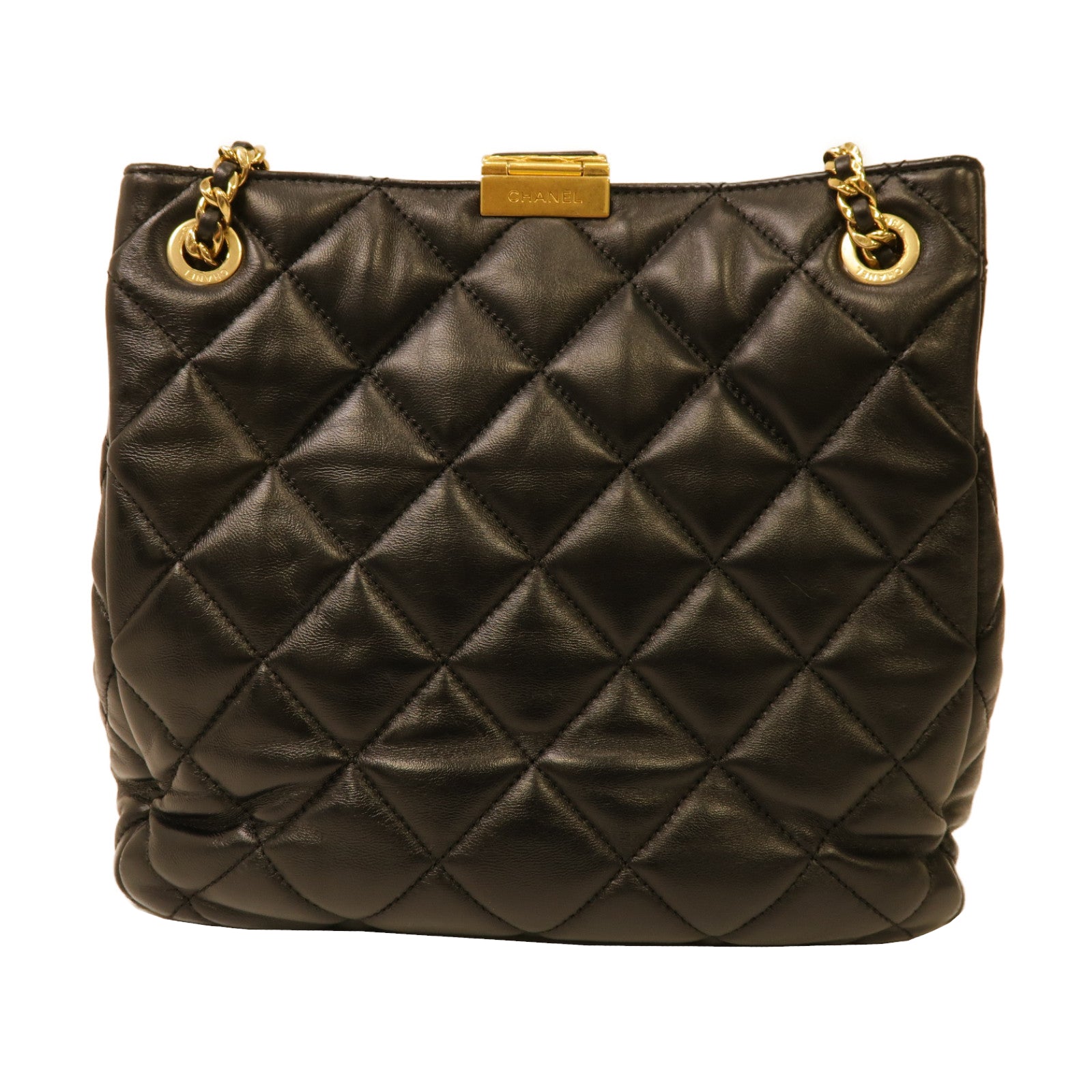 CHANEL 菱格羊皮皮革Chain Shoulder金扣鏈帶肩背袋黑色