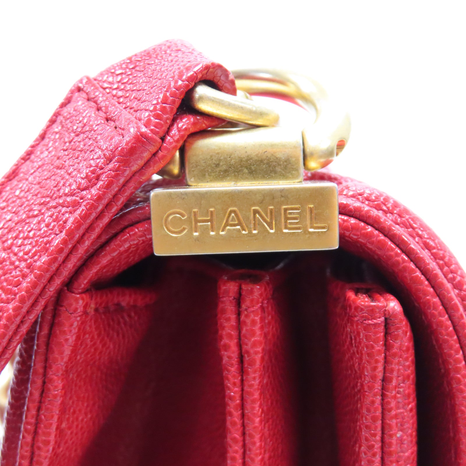CHANEL 【激減優惠】菱格牛皮皮革Boy金扣鏈帶肩背袋紅色