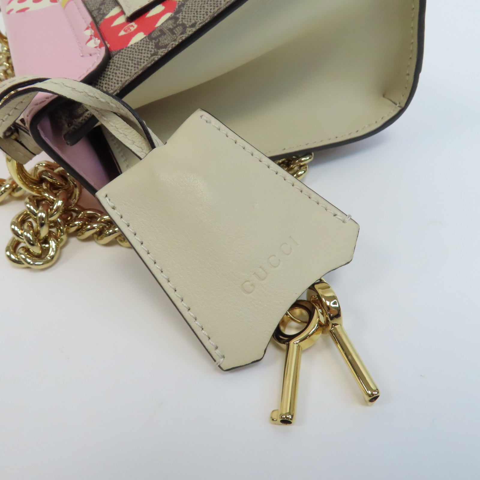 GUCCI 牛皮皮革/塗層帆布Shoulder Bag金扣鏈帶肩背袋啡色/粉紅色