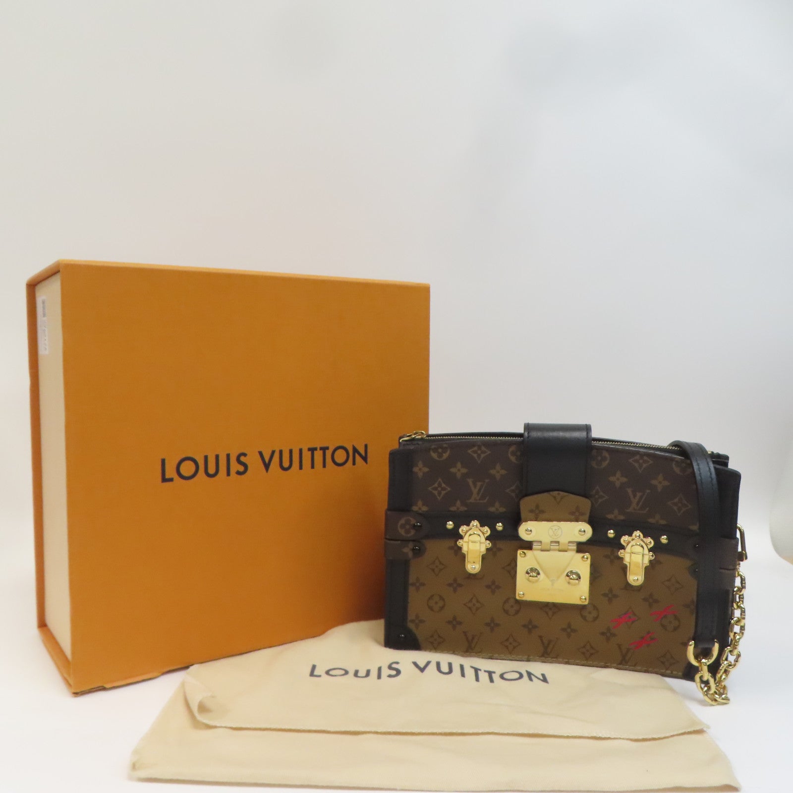 LOUIS VUITTON Monogram Reverse Trunk Clutch金扣肩背袋啡色/黑色