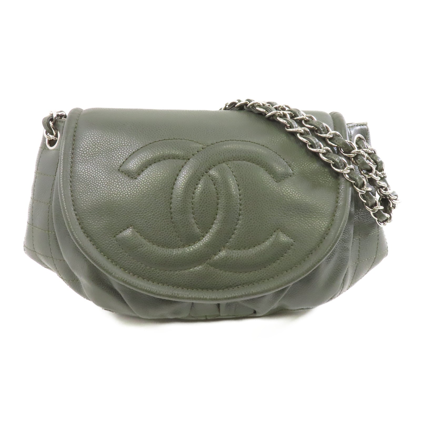 CHANEL 【激減優惠】Caviar皮革Chain Shoulder Bag銀扣鏈帶肩背袋綠色
