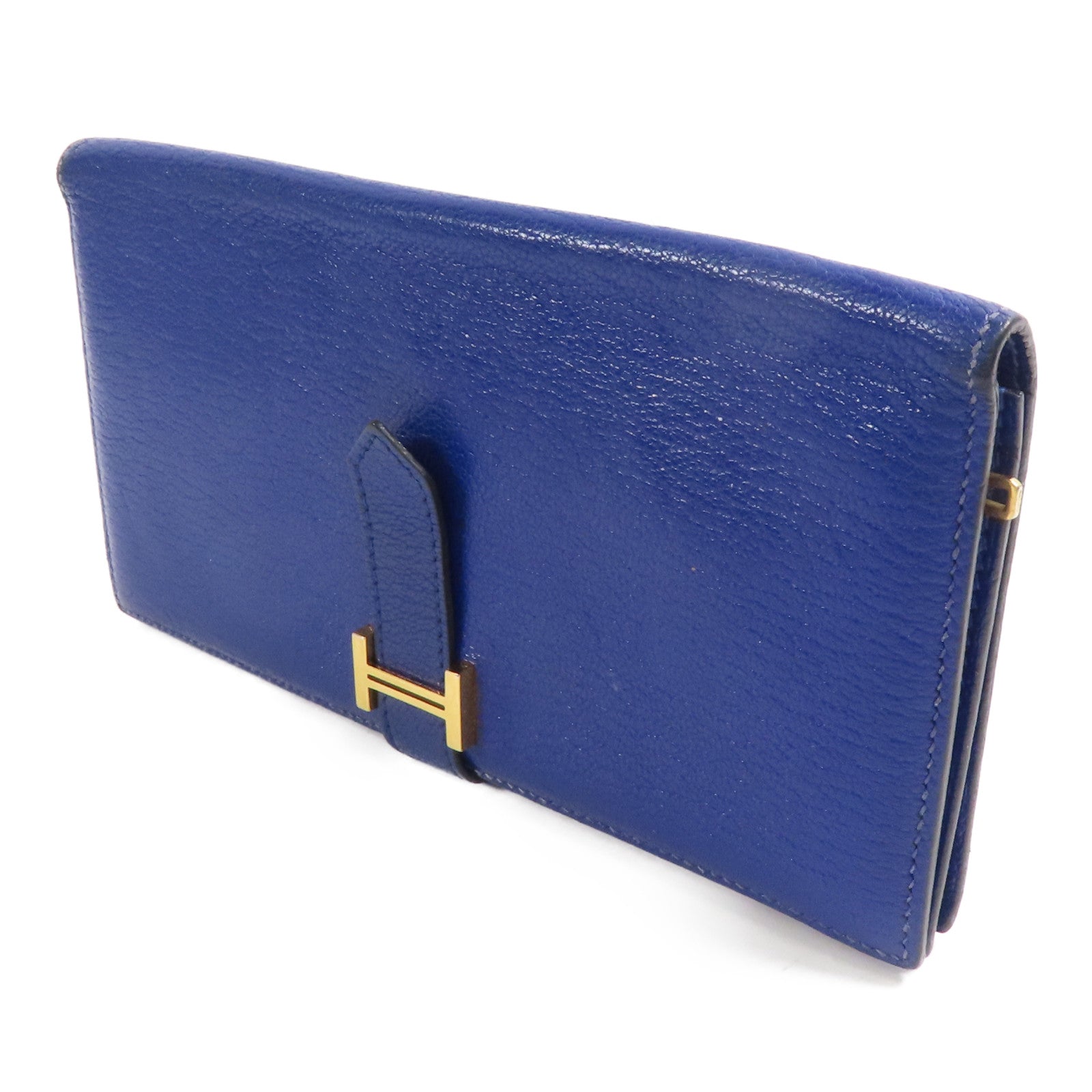 HERMES Chevre皮革Bearn Long Wallet金扣長錢包7T Bleu Electrique