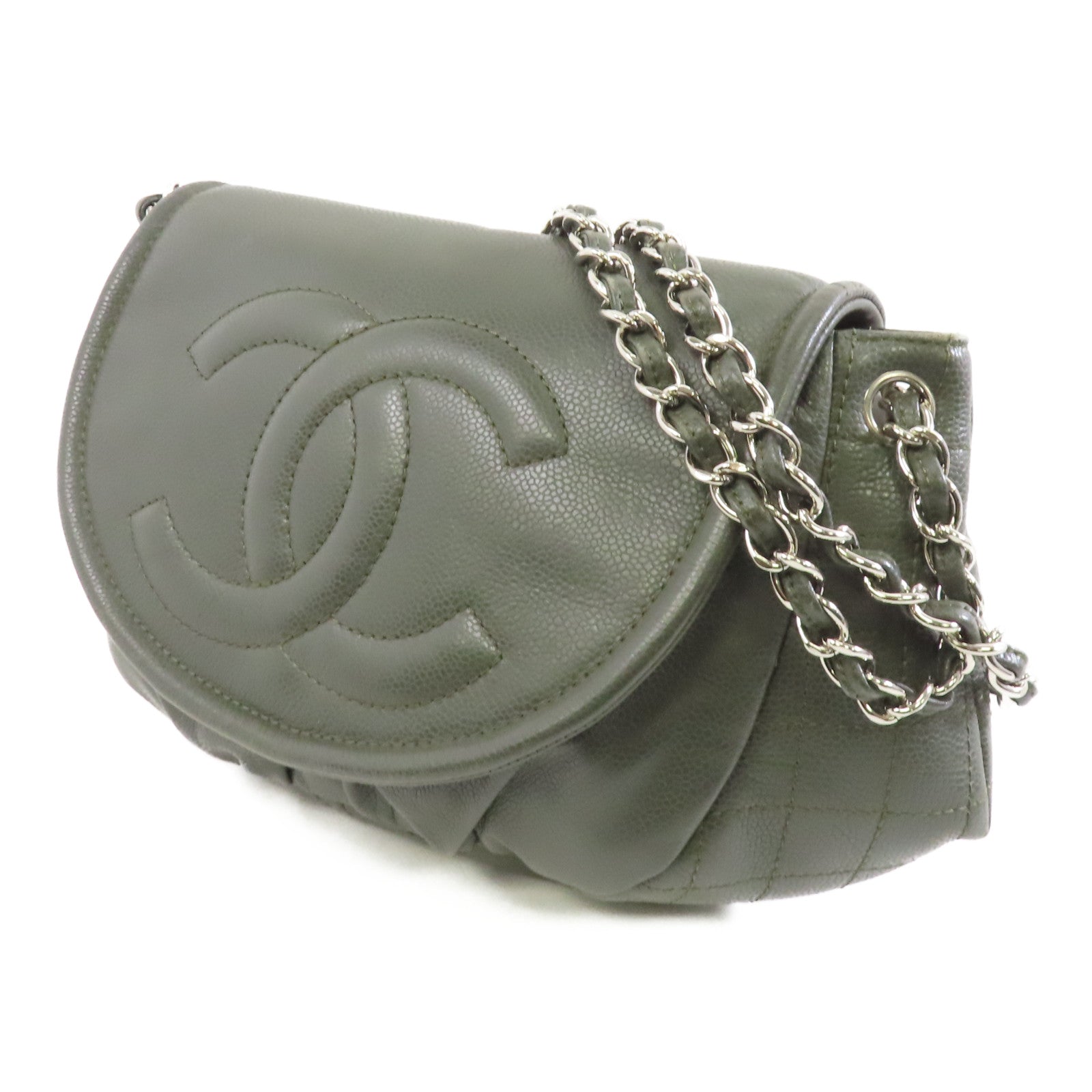CHANEL 【激減優惠】Caviar皮革Chain Shoulder Bag銀扣鏈帶肩背袋綠色