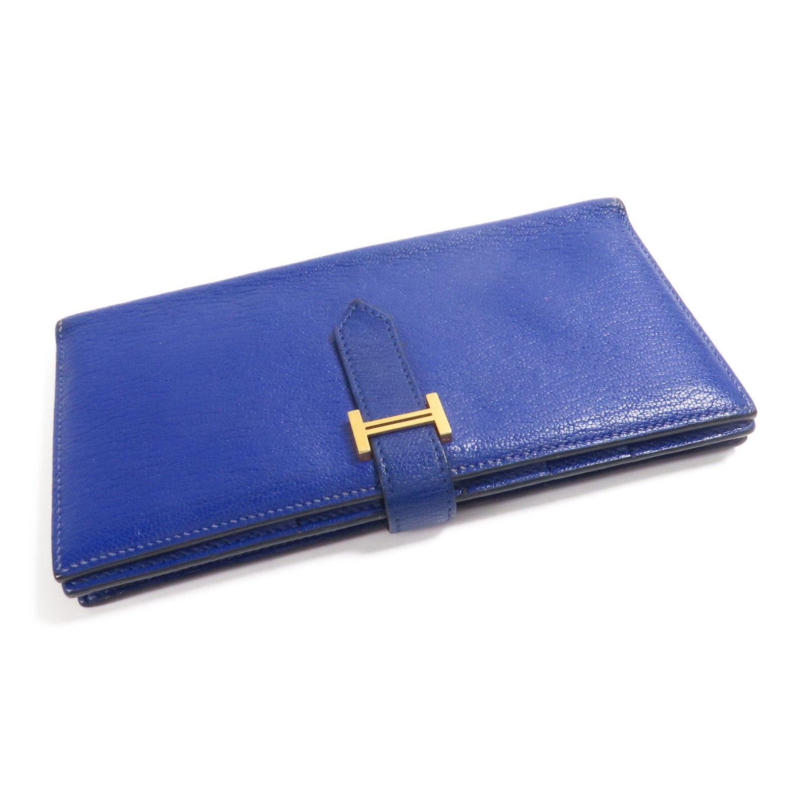 HERMES Chevre皮革Bearn Long Wallet金扣長錢包7T Bleu Electrique