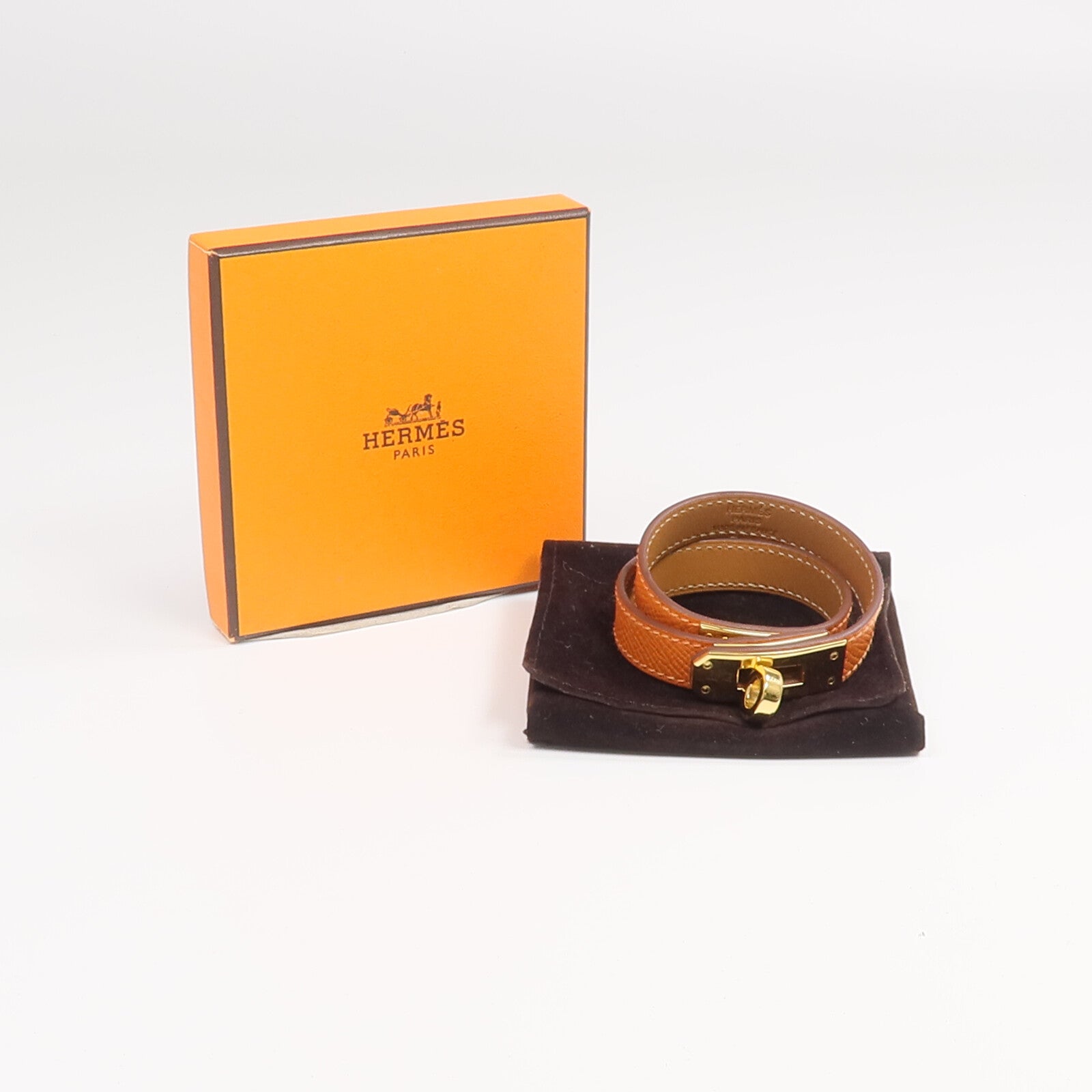 HERMES Epsom皮革Kelly Double Tour Bracelet金扣手帶Orange