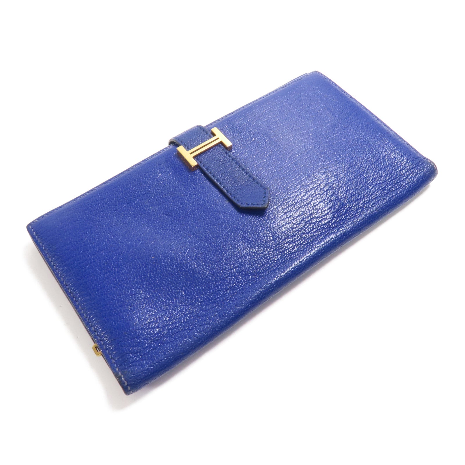 HERMES Chevre皮革Bearn Long Wallet金扣長錢包7T Bleu Electrique