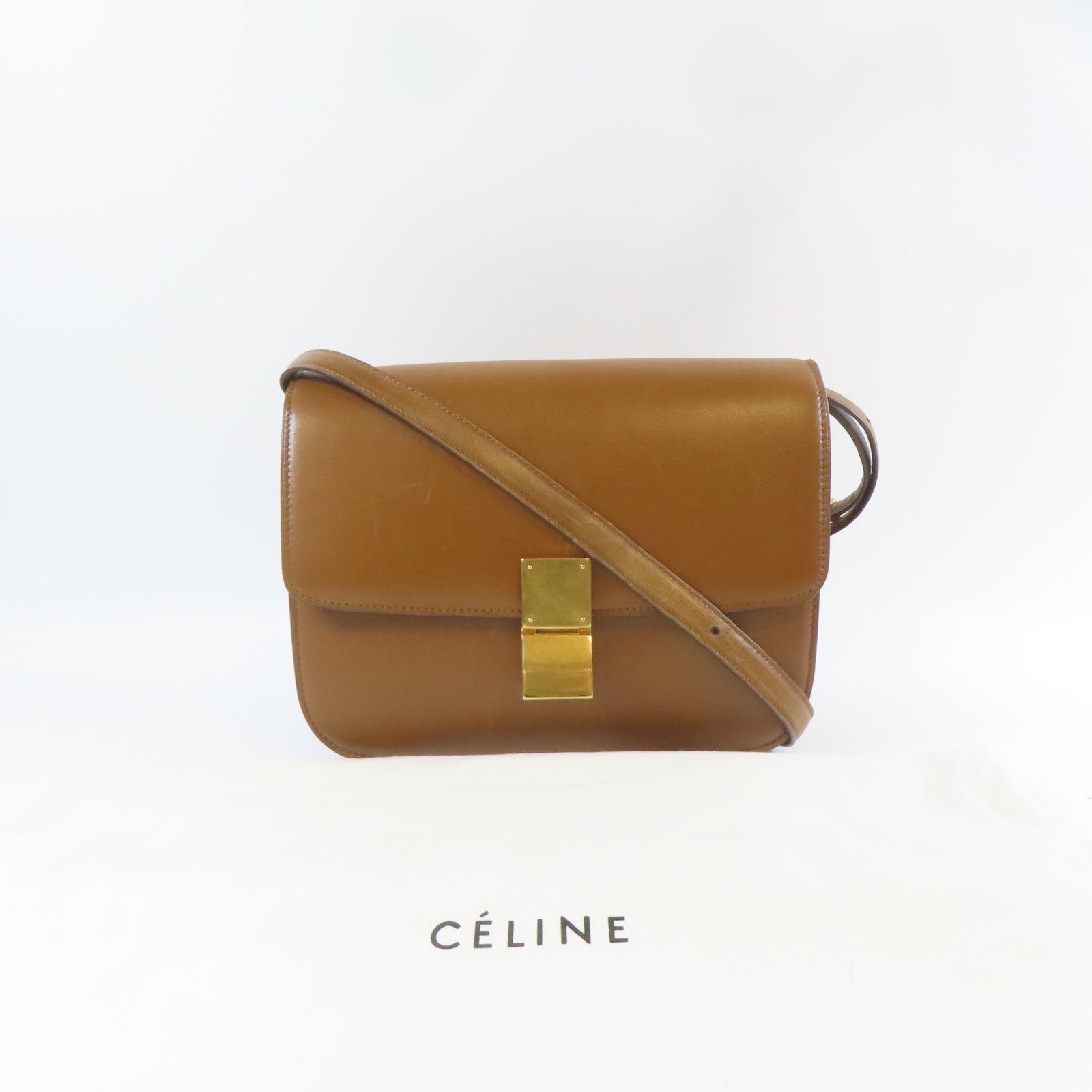 CELINE 牛皮皮革Box Shoulder Bag金扣肩背袋啡色