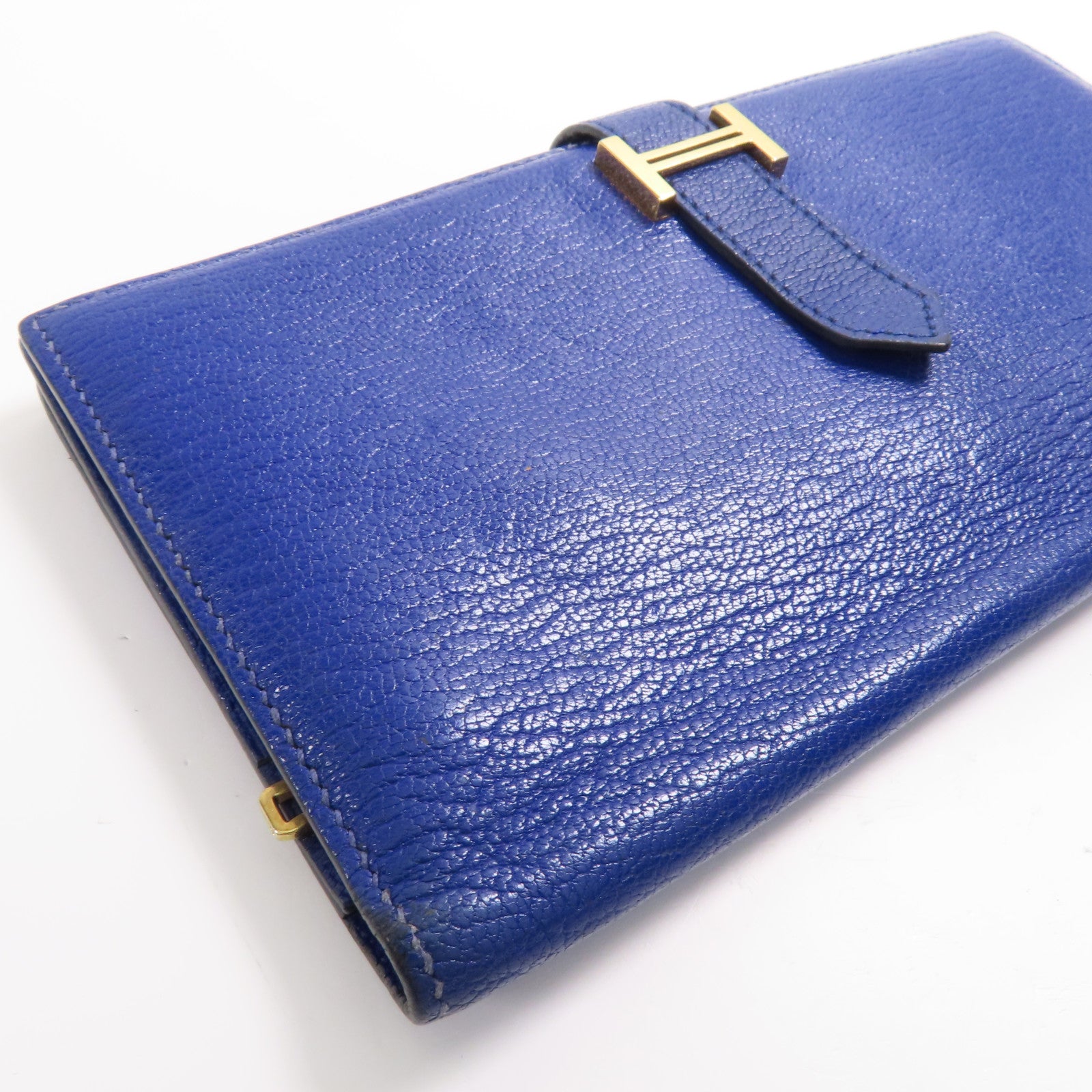 HERMES Chevre皮革Bearn Long Wallet金扣長錢包7T Bleu Electrique