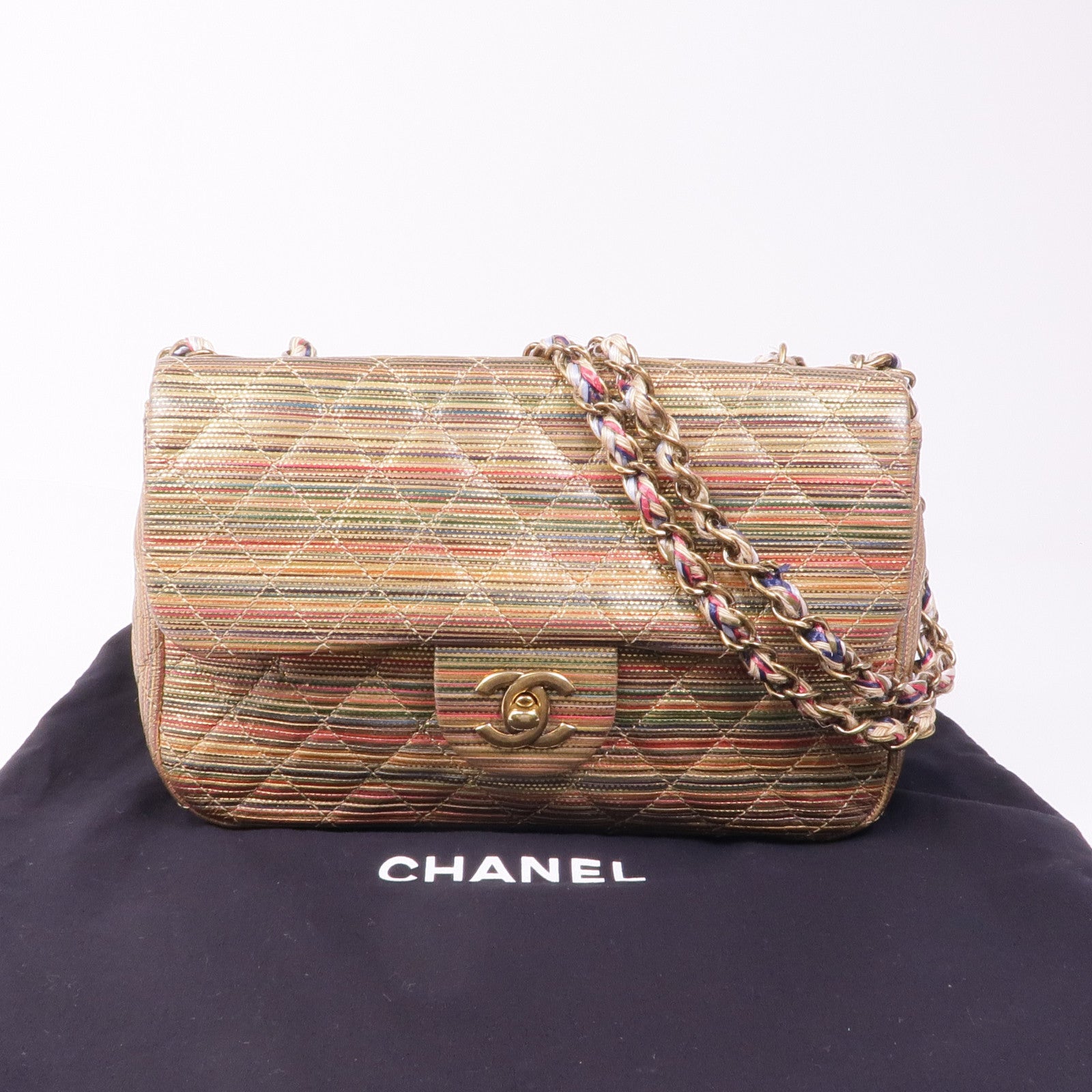 CHANEL 皮革Mini Classic Multicolour金扣鏈帶肩背袋
