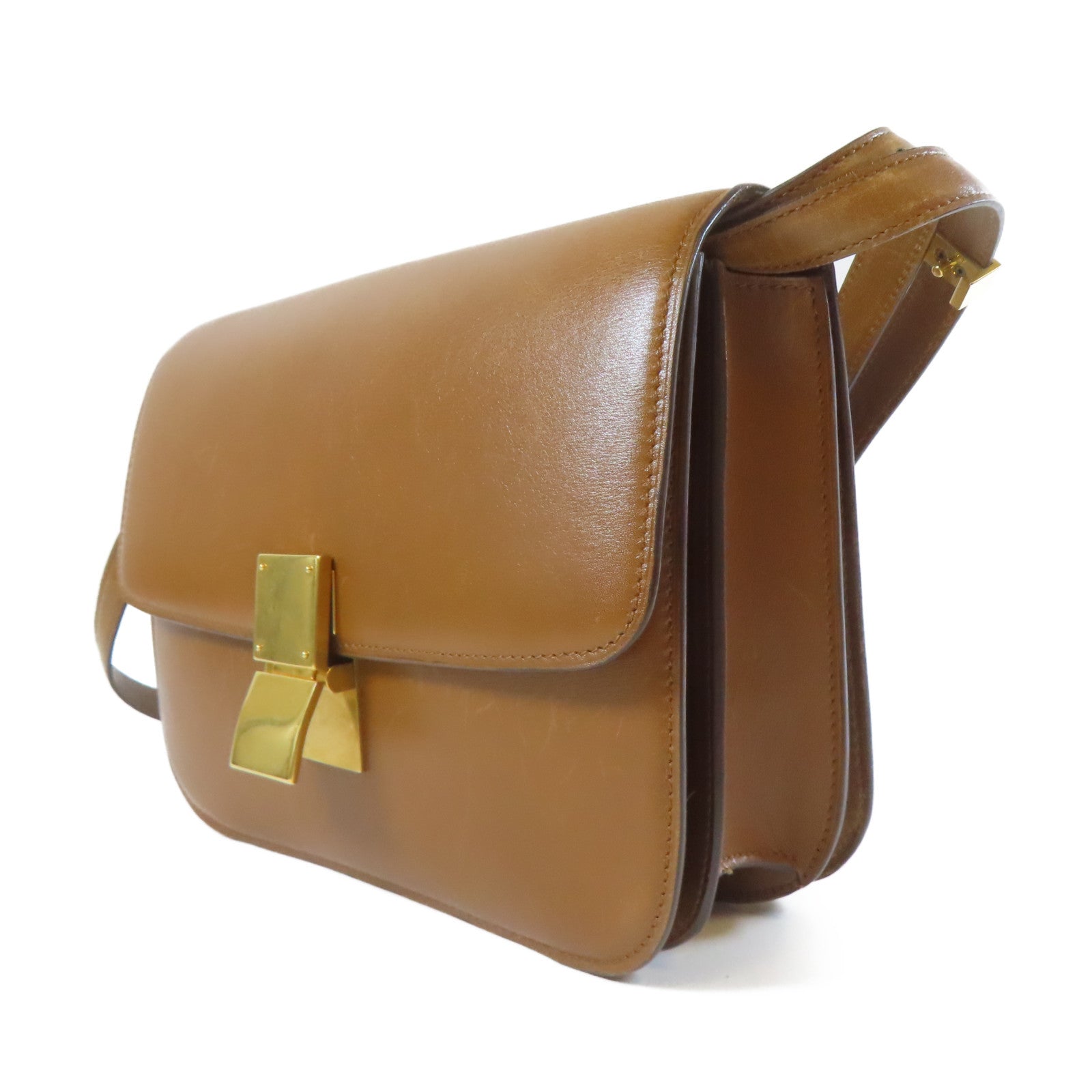 CELINE 牛皮皮革Box Shoulder Bag金扣肩背袋啡色