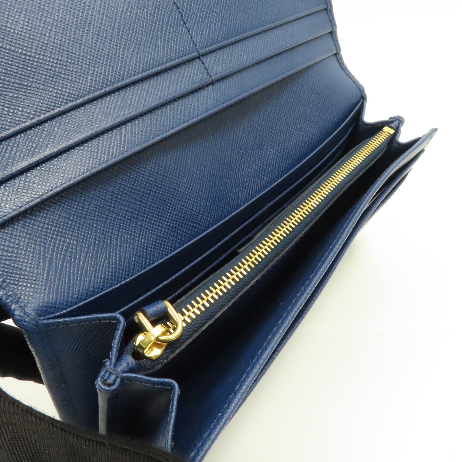 PRADA Saffiano皮革Long Wallet金扣長錢包藍色