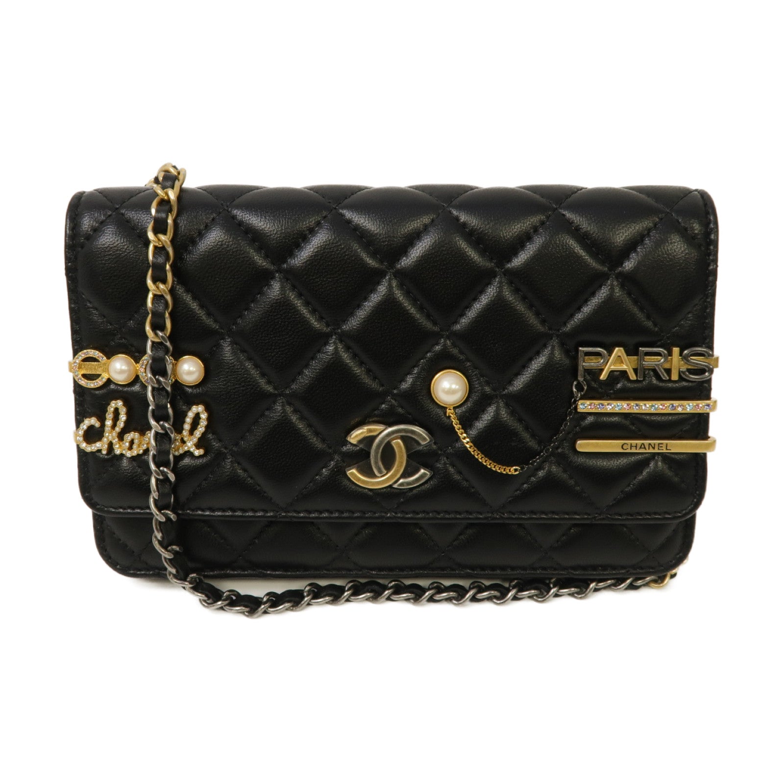 CHANEL 菱格羊皮皮革WOC Wallet On Chain Shoulder Bag金扣鏈帶肩背袋黑色