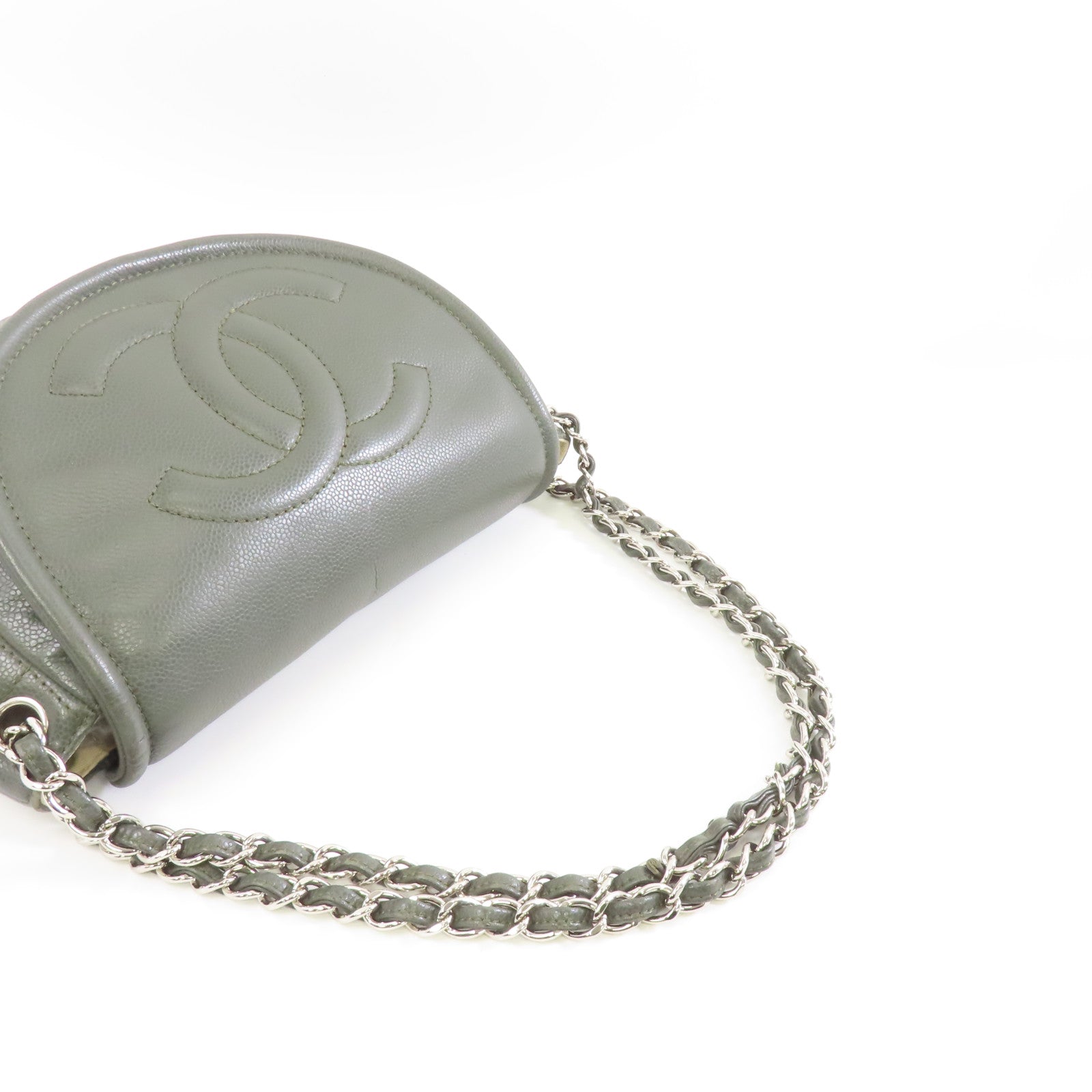 CHANEL 【激減優惠】Caviar皮革Chain Shoulder Bag銀扣鏈帶肩背袋綠色