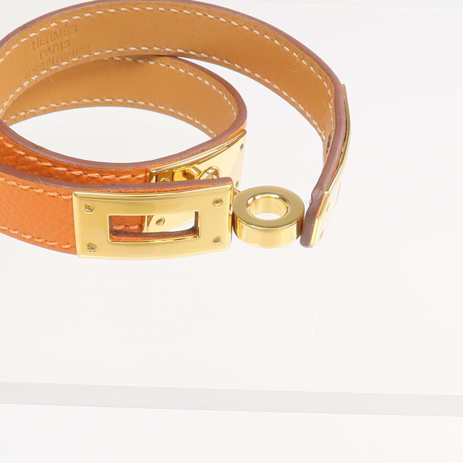 HERMES Epsom皮革Kelly Double Tour Bracelet金扣手帶Orange