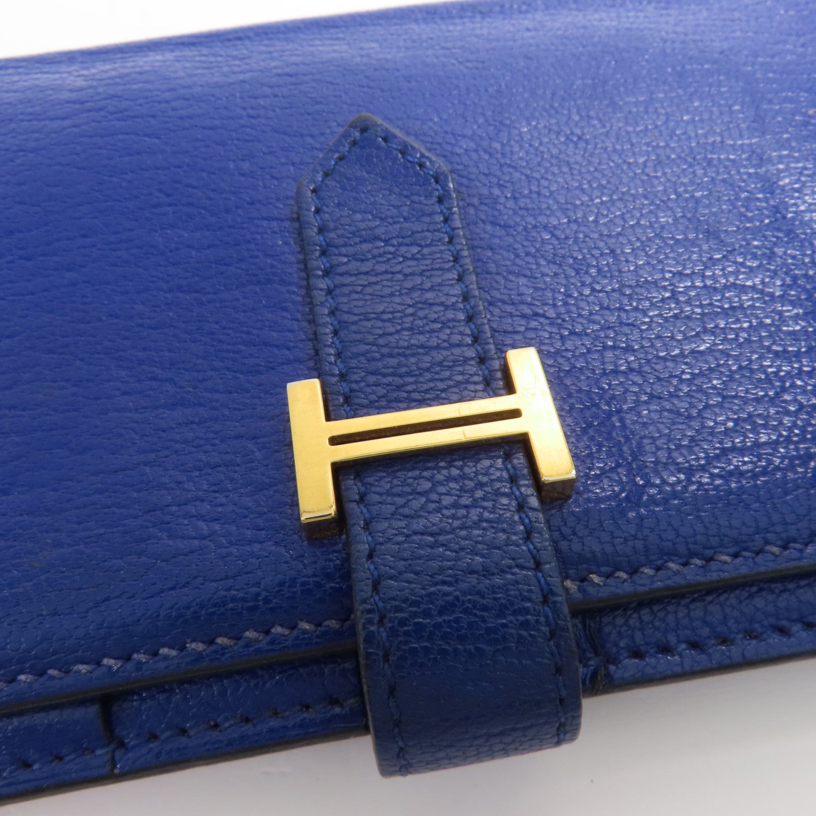 HERMES Chevre皮革Bearn Long Wallet金扣長錢包7T Bleu Electrique