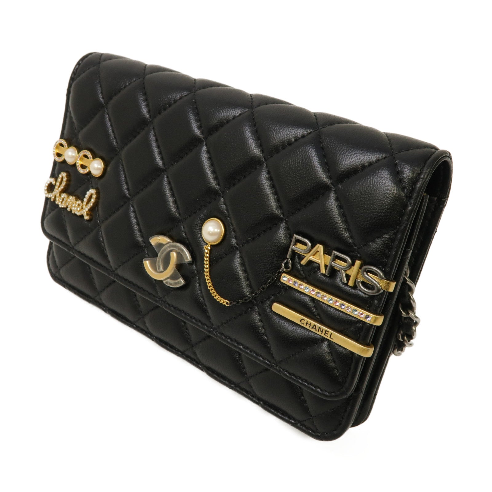 CHANEL 菱格羊皮皮革WOC Wallet On Chain Shoulder Bag金扣鏈帶肩背袋黑色