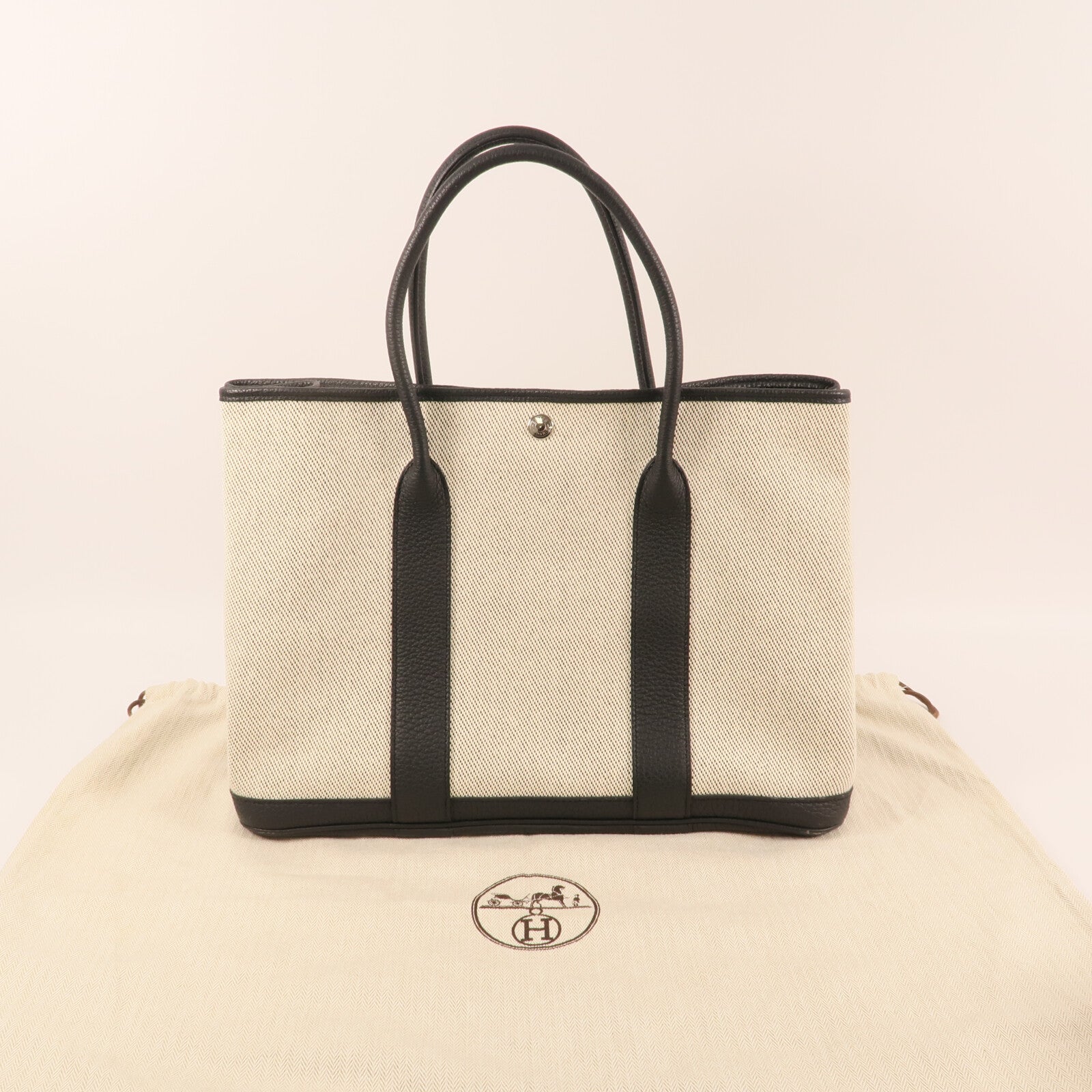 HERMES 帆布/牛皮皮革GardenParty PM銀扣手挽袋