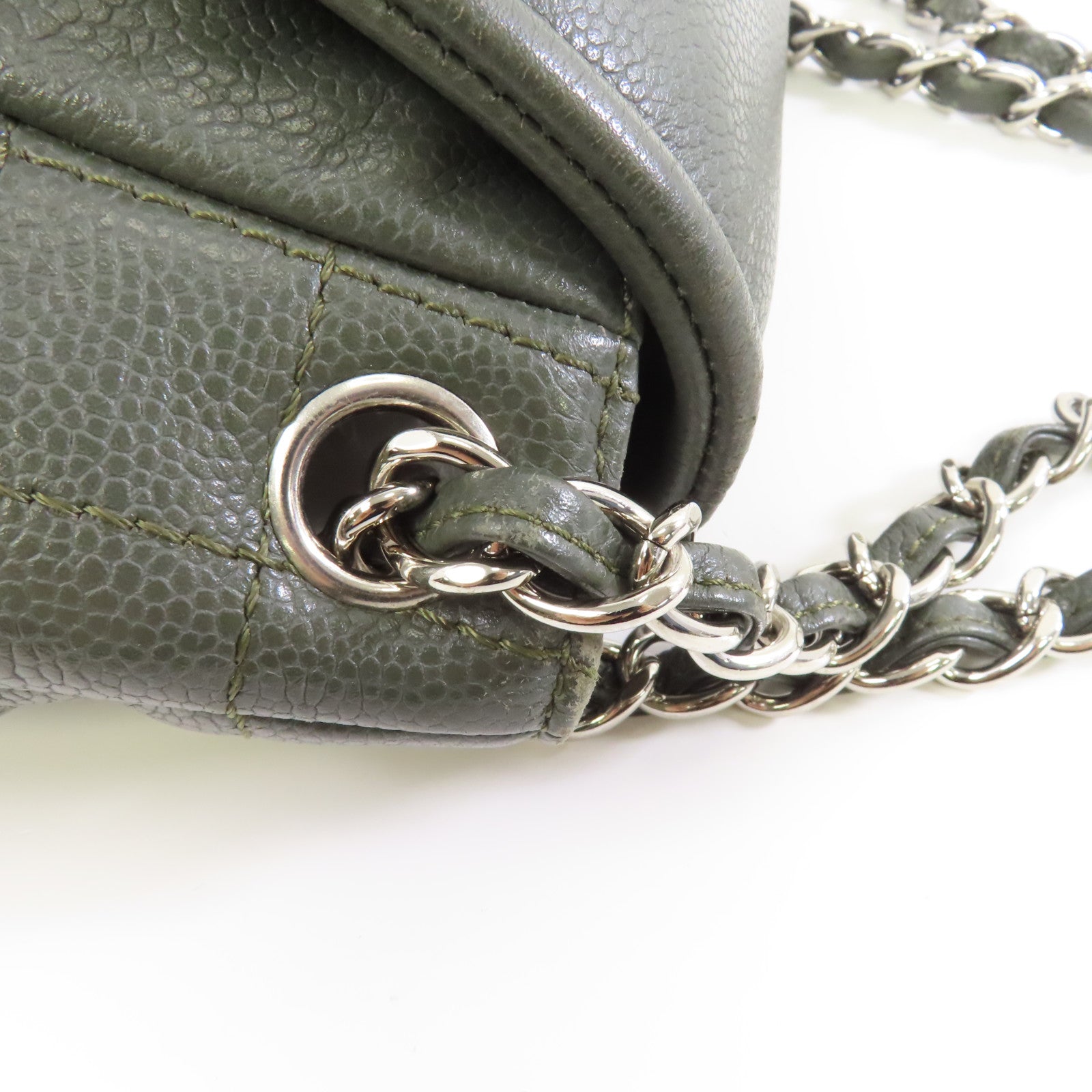CHANEL 【激減優惠】Caviar皮革Chain Shoulder Bag銀扣鏈帶肩背袋綠色