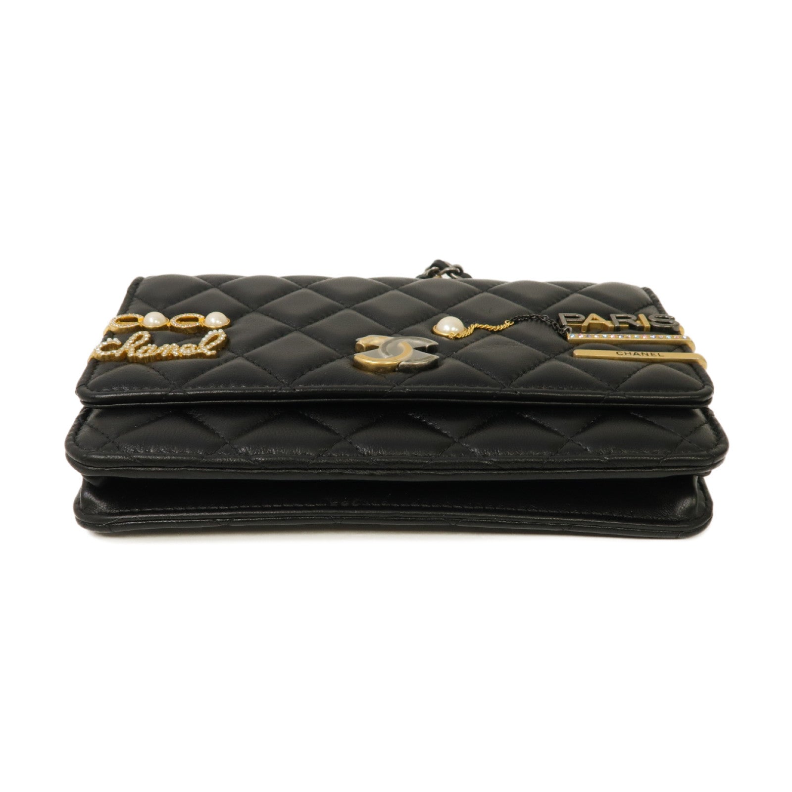 CHANEL 菱格羊皮皮革WOC Wallet On Chain Shoulder Bag金扣鏈帶肩背袋黑色