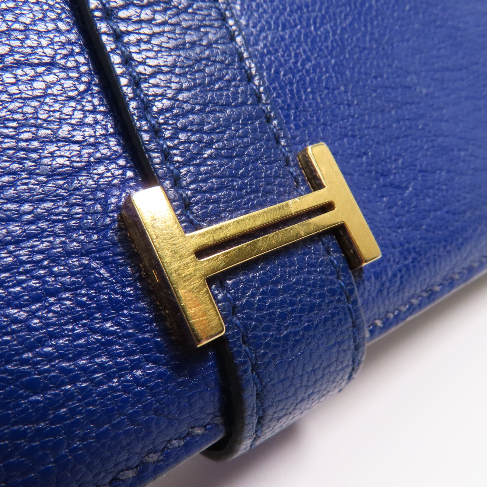 HERMES Chevre皮革Bearn Long Wallet金扣長錢包7T Bleu Electrique