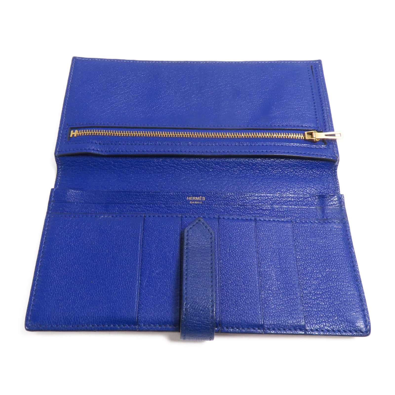 HERMES Chevre皮革Bearn Long Wallet金扣長錢包7T Bleu Electrique