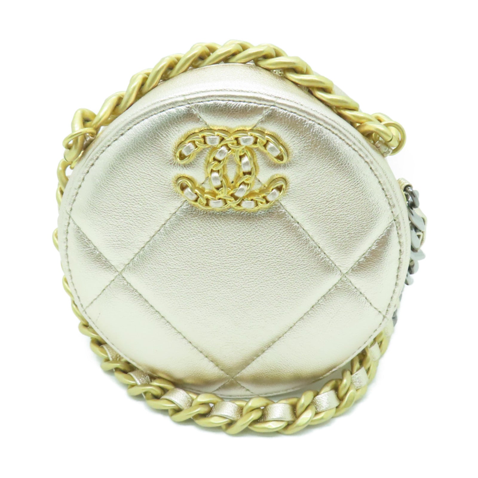 CHANEL 【清倉大減價】菱格羊皮皮革19 Round Clutch With Chain Shoulder Bag鏈帶肩背袋金色