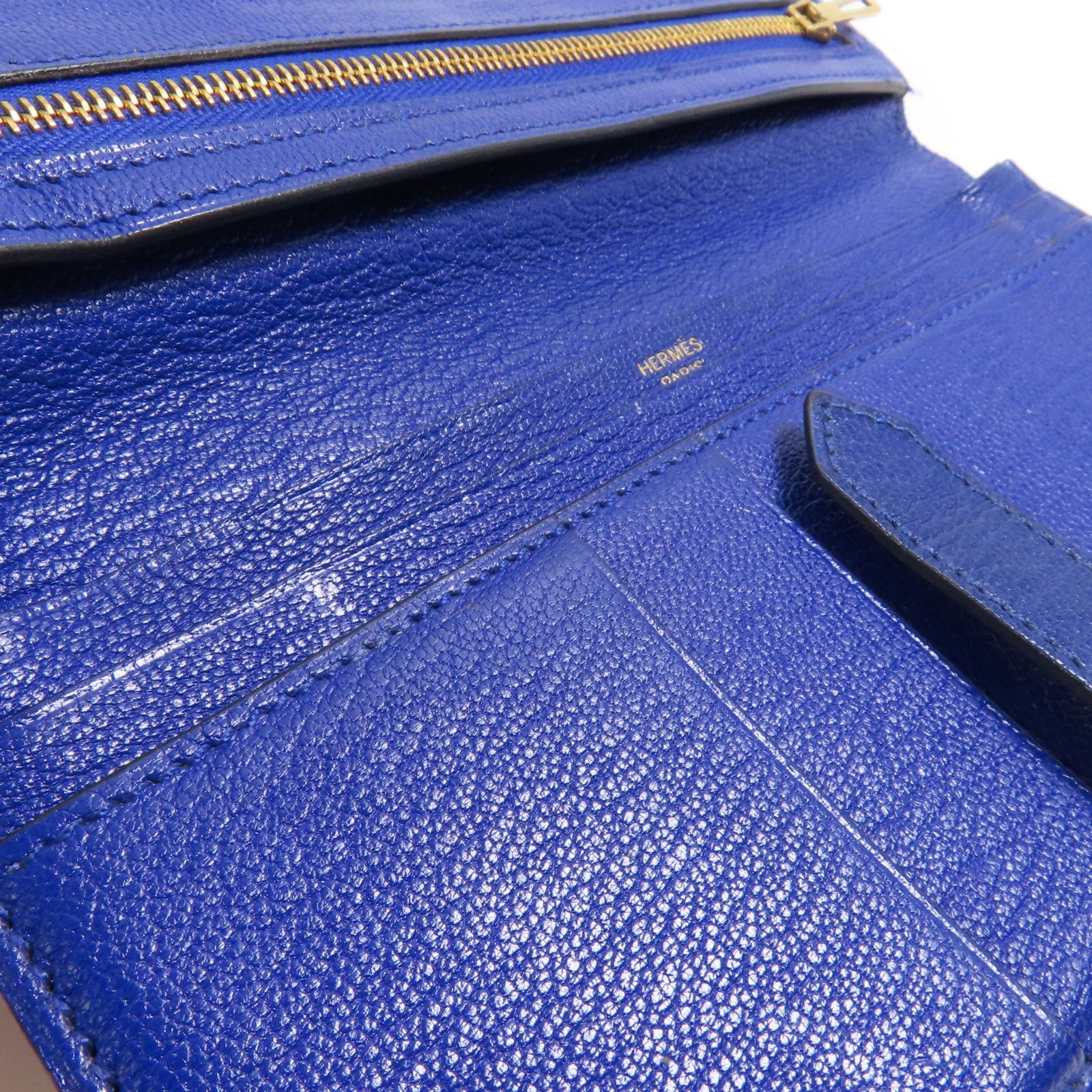 HERMES Chevre皮革Bearn Long Wallet金扣長錢包7T Bleu Electrique