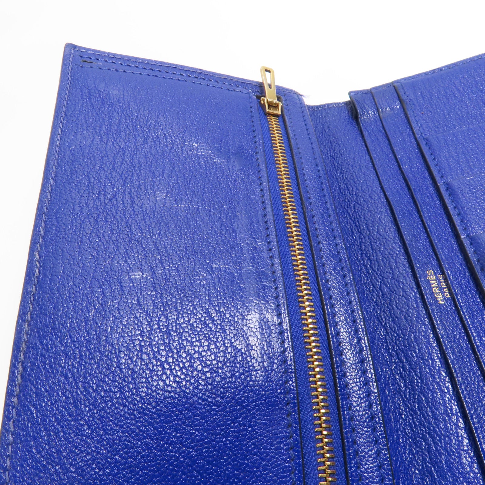 HERMES Chevre皮革Bearn Long Wallet金扣長錢包7T Bleu Electrique
