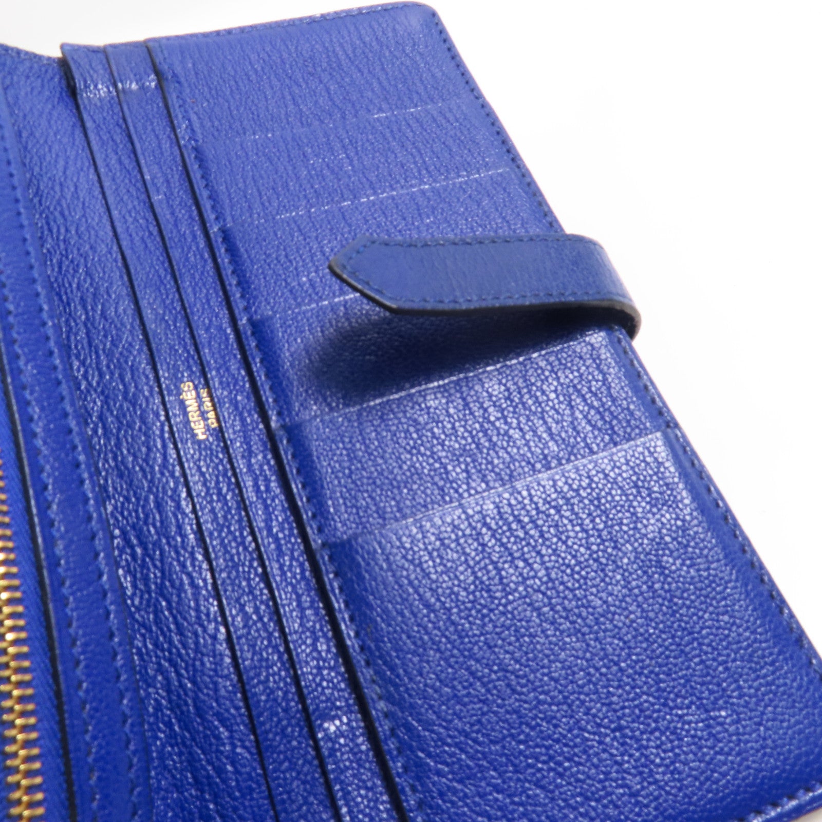 HERMES Chevre皮革Bearn Long Wallet金扣長錢包7T Bleu Electrique
