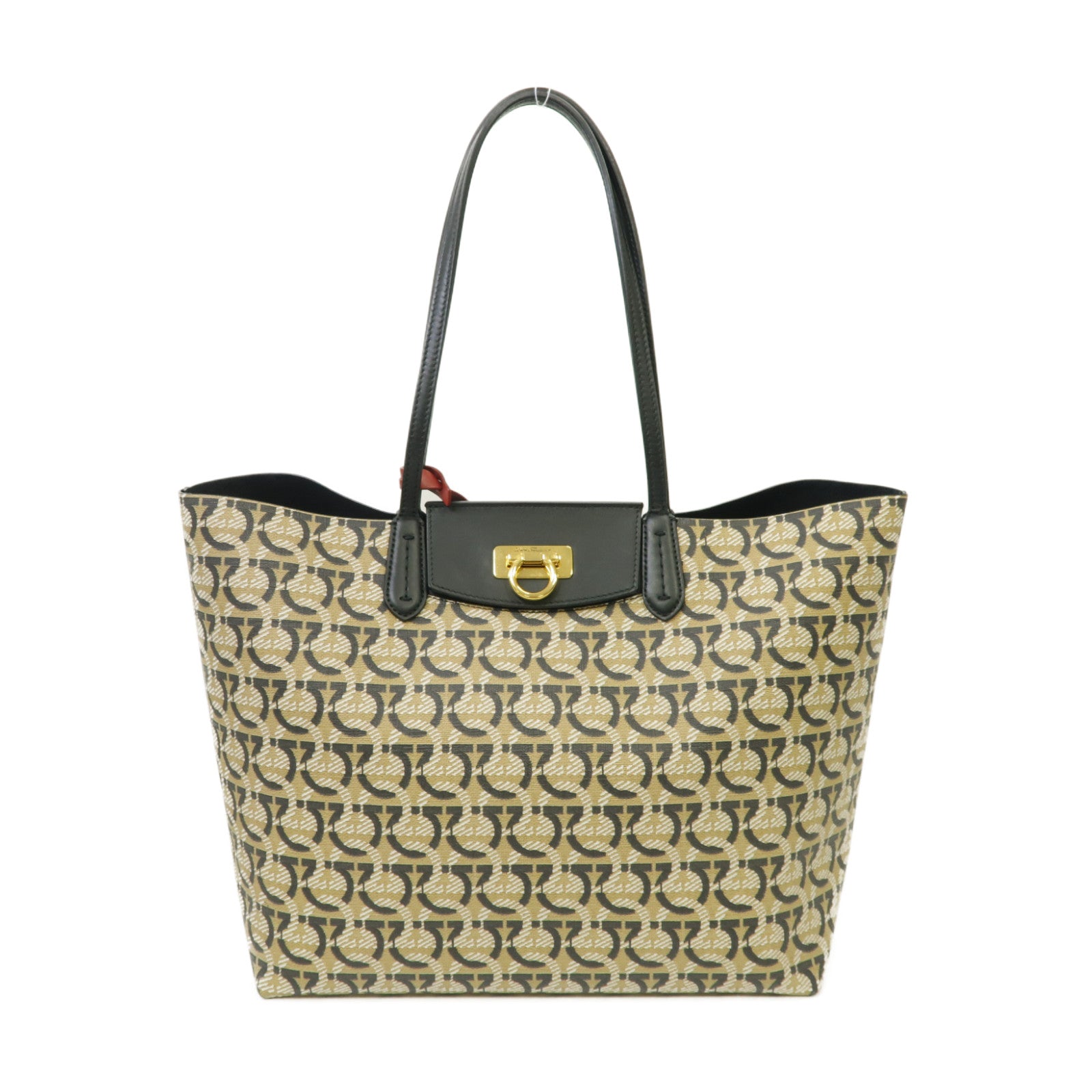Salvatore Ferragamo 塗層帆布Travel Tote Bag金扣手挽袋米色/黑色