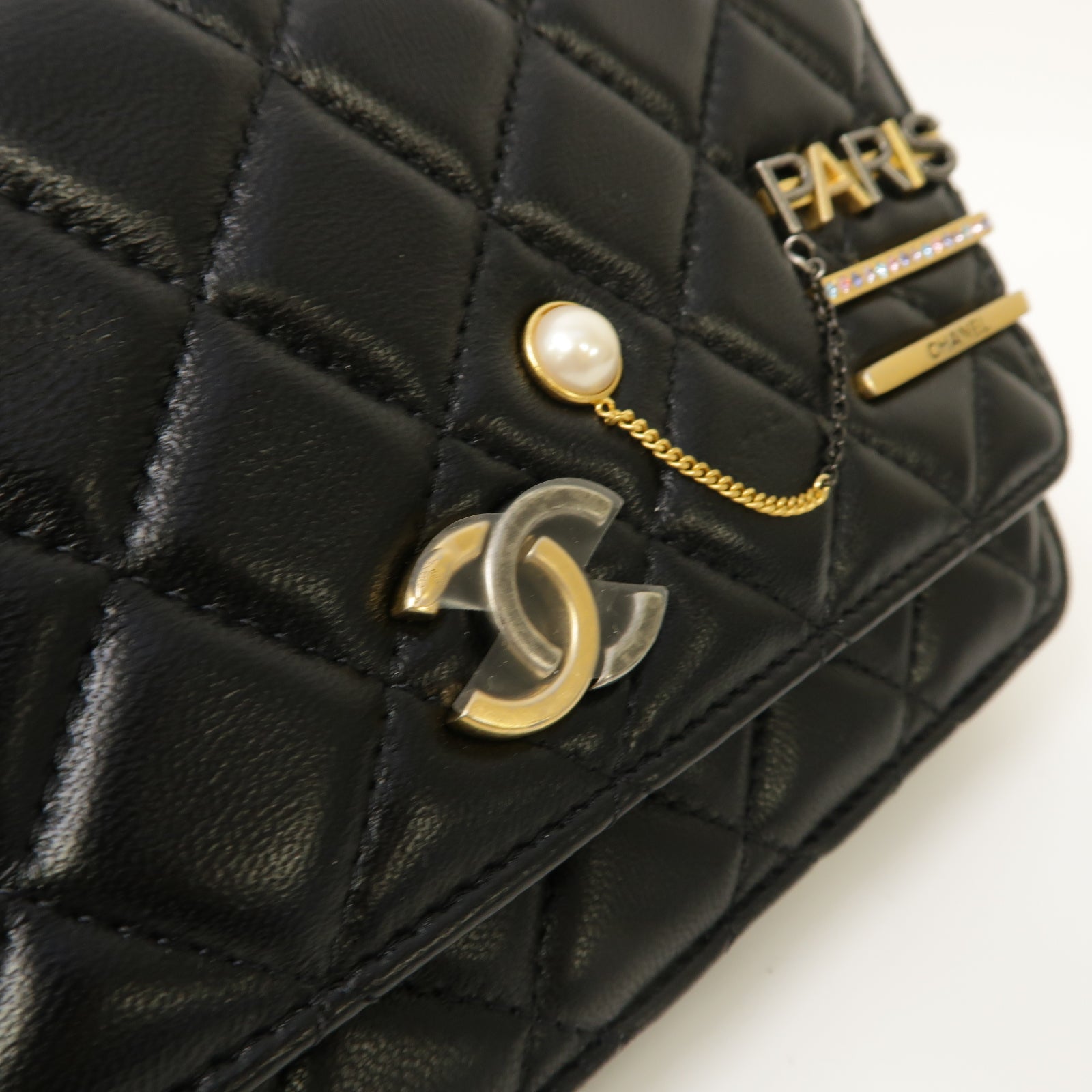 CHANEL 菱格羊皮皮革WOC Wallet On Chain Shoulder Bag金扣鏈帶肩背袋黑色