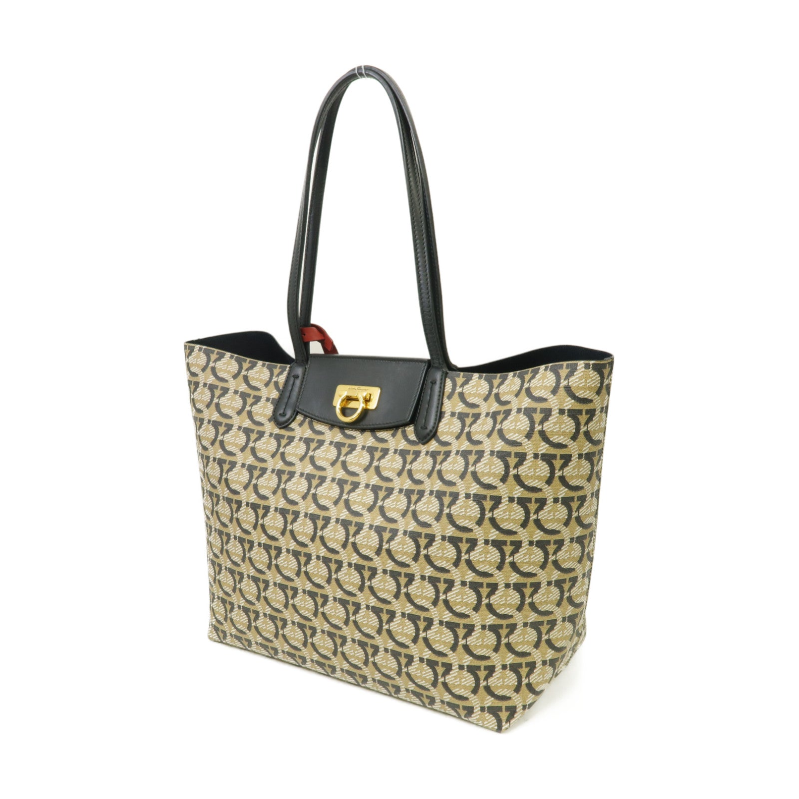 Salvatore Ferragamo 塗層帆布Travel Tote Bag金扣手挽袋米色/黑色