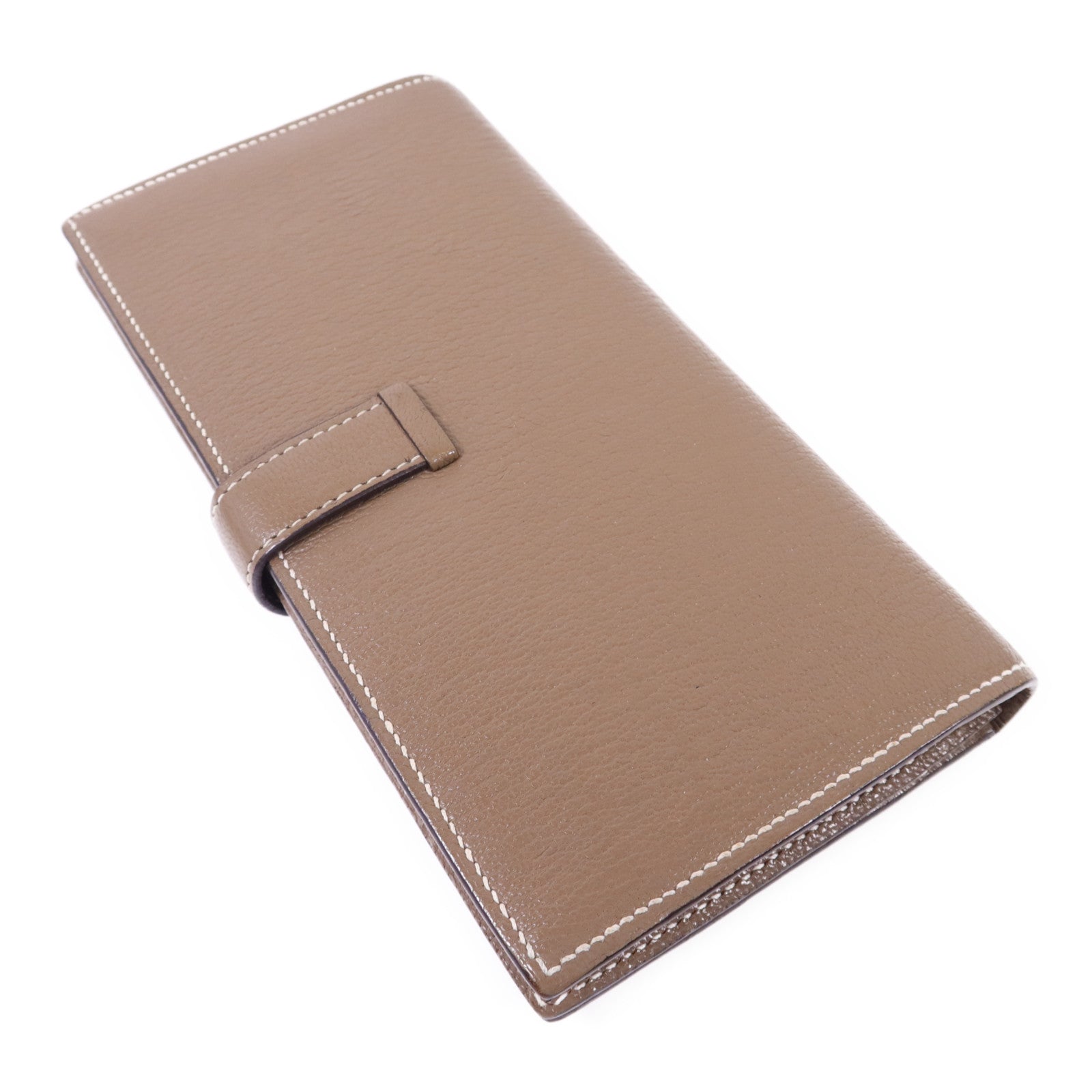 HERMES Chevre皮革Bearn W Snap銀扣長錢包Etoupe