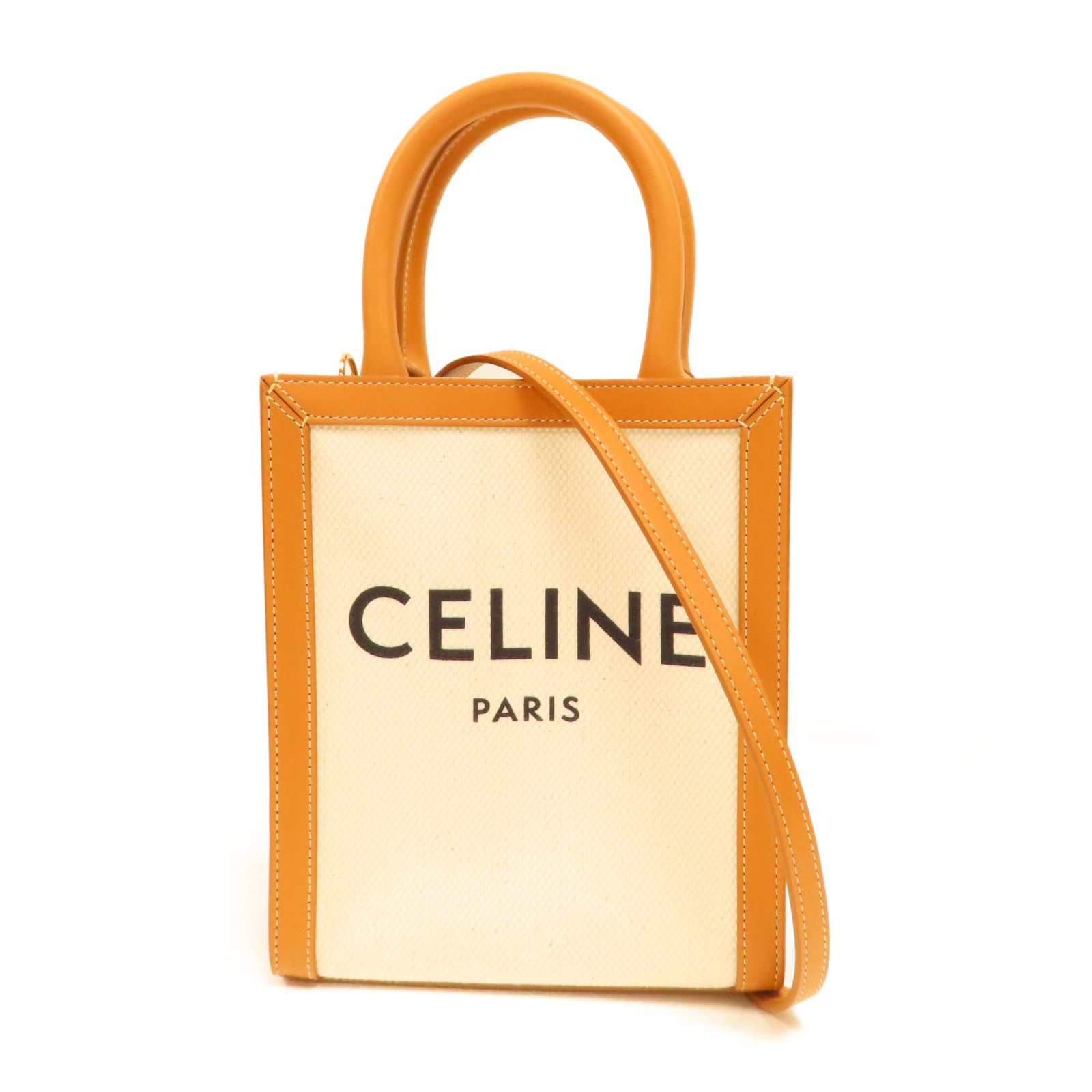 CELINE 帆布/皮革Cabas金扣手挽肩背兩用袋白色/啡色