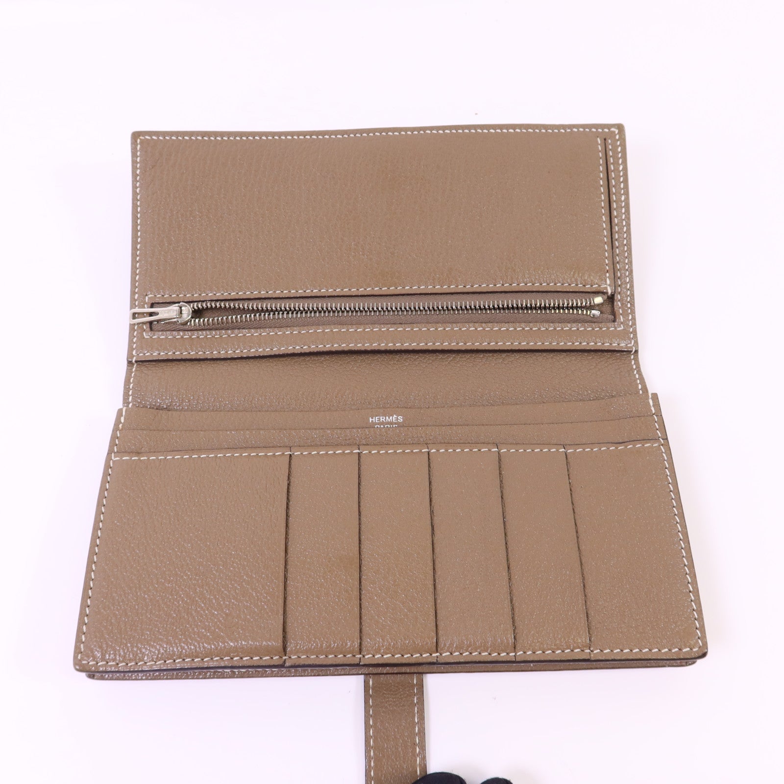 HERMES Chevre皮革Bearn W Snap銀扣長錢包Etoupe