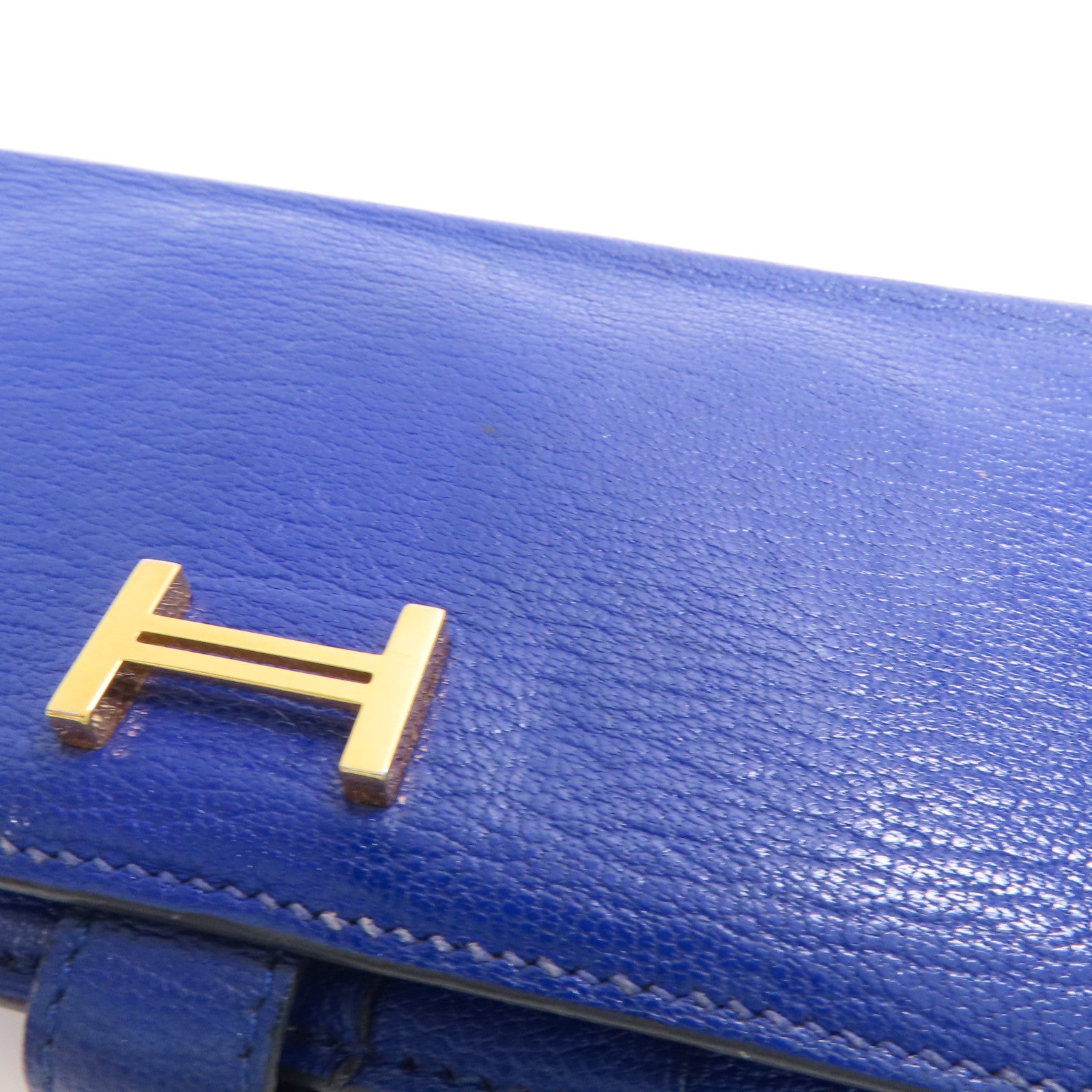 HERMES Chevre皮革Bearn Long Wallet金扣長錢包7T Bleu Electrique