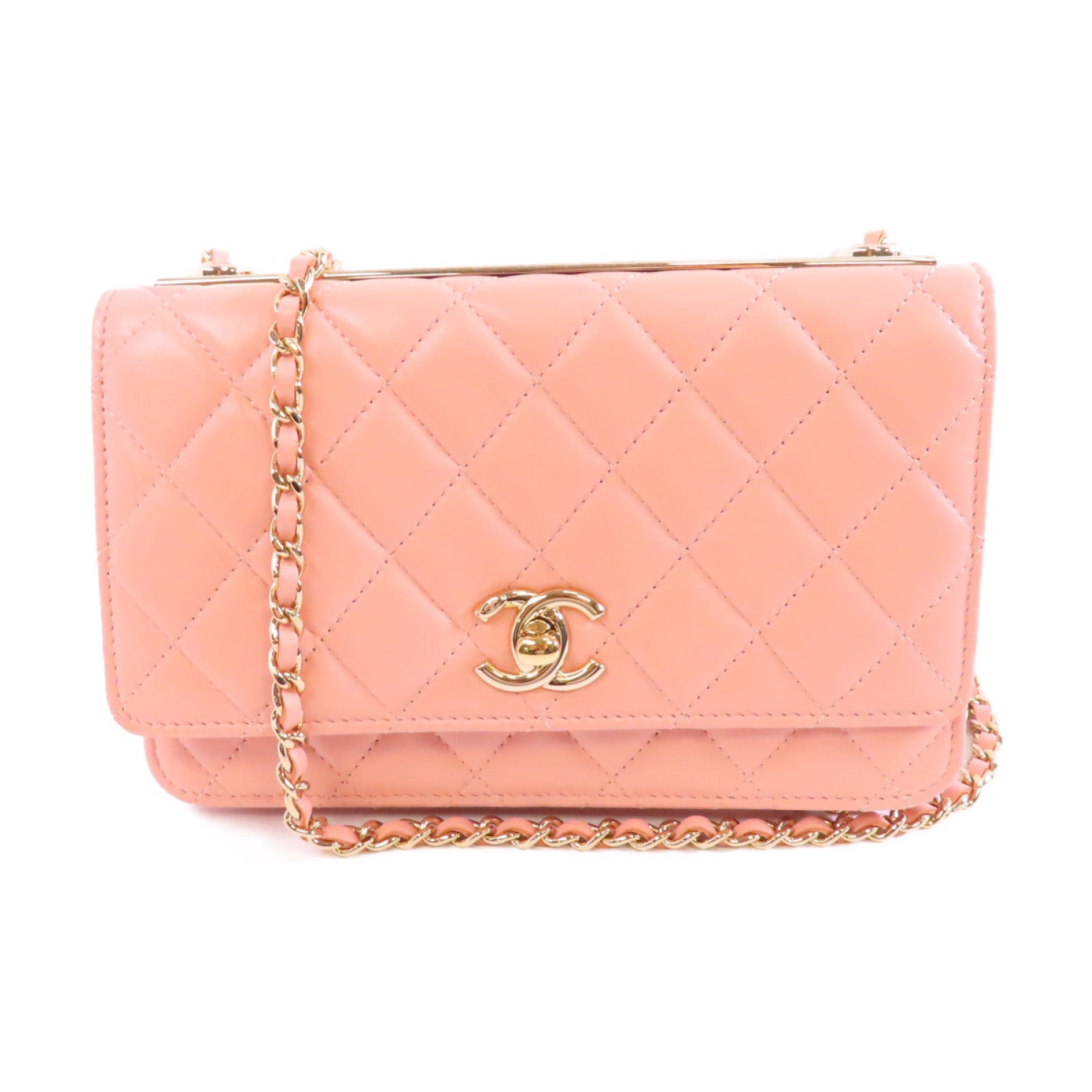 CHANEL 菱格羊皮皮革Chain Shoulder金扣鏈帶肩背袋粉紅色