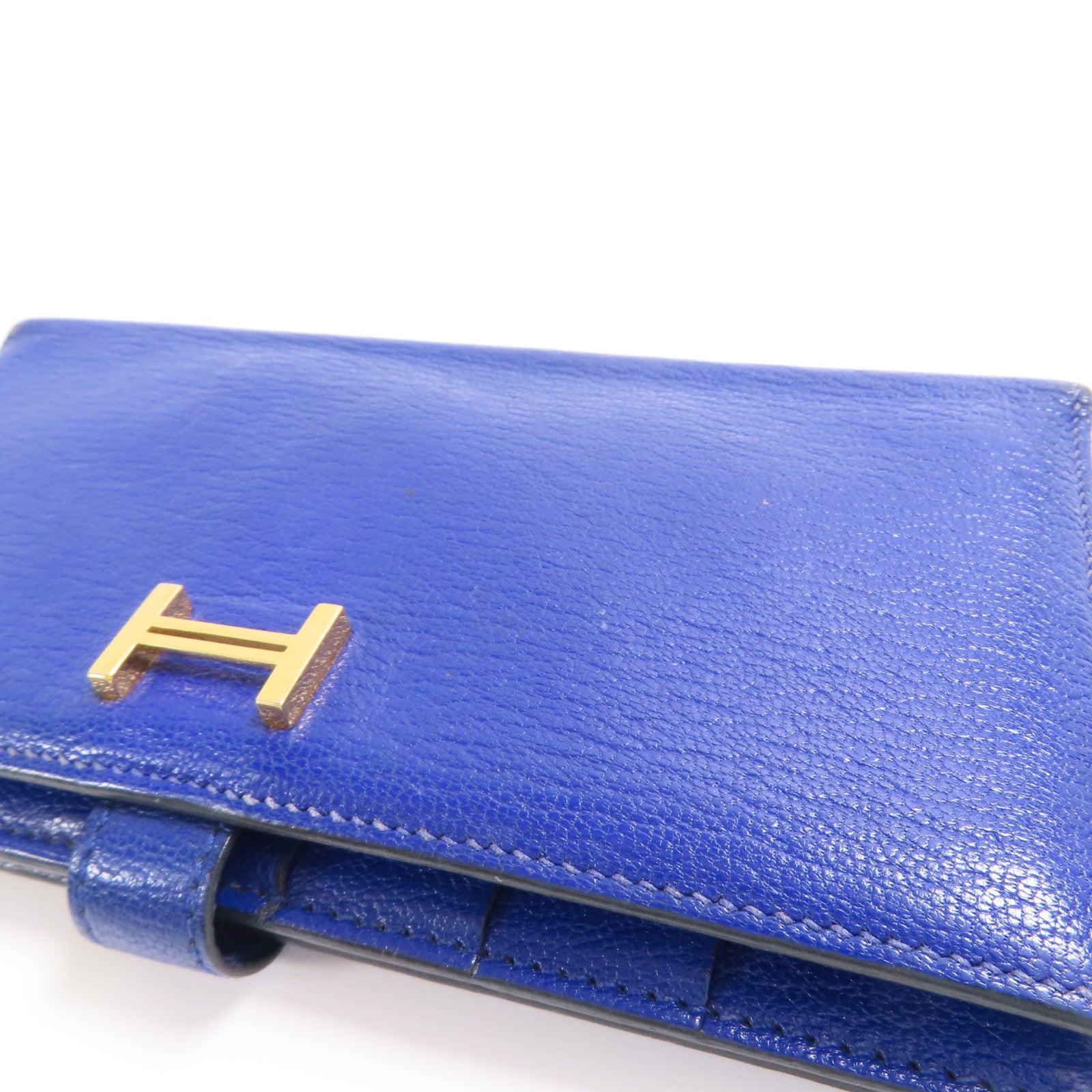 HERMES Chevre皮革Bearn Long Wallet金扣長錢包7T Bleu Electrique