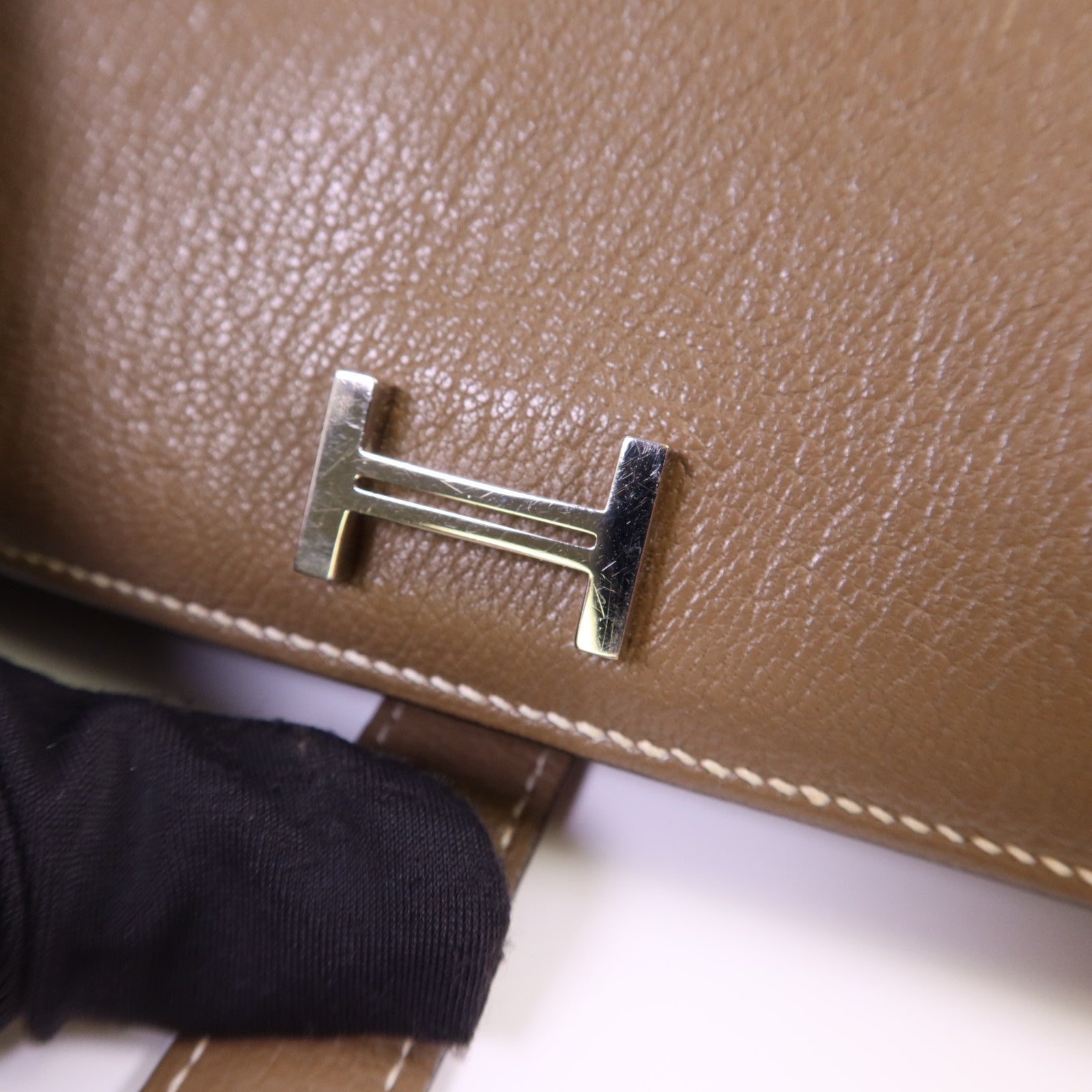 HERMES Chevre皮革Bearn W Snap銀扣長錢包Etoupe